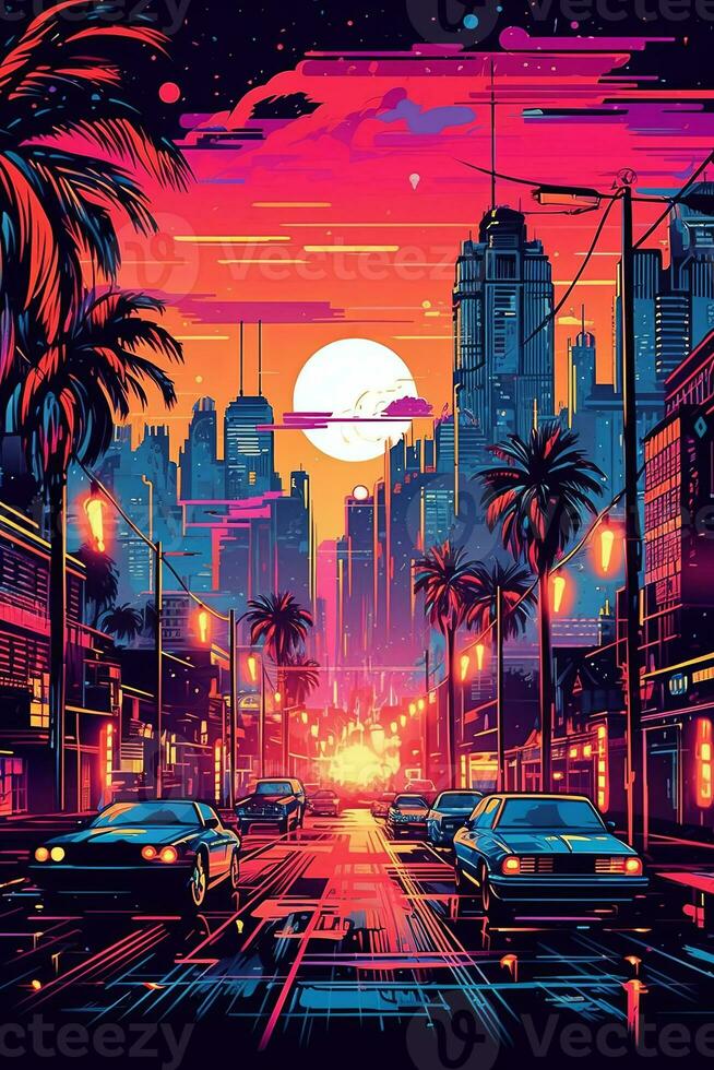 A vibrant poster, vector illustration of a cityscape at night with neon lights, palm trees, and retro buildings, evoking the atmosphere of an 80s metropolis. Generative AI photo