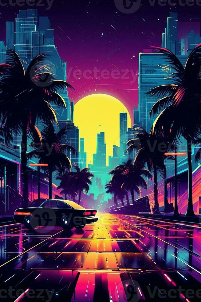 A vibrant poster, vector illustration of a cityscape at night with neon lights, palm trees, and retro buildings, evoking the atmosphere of an 80s metropolis. Generative AI photo