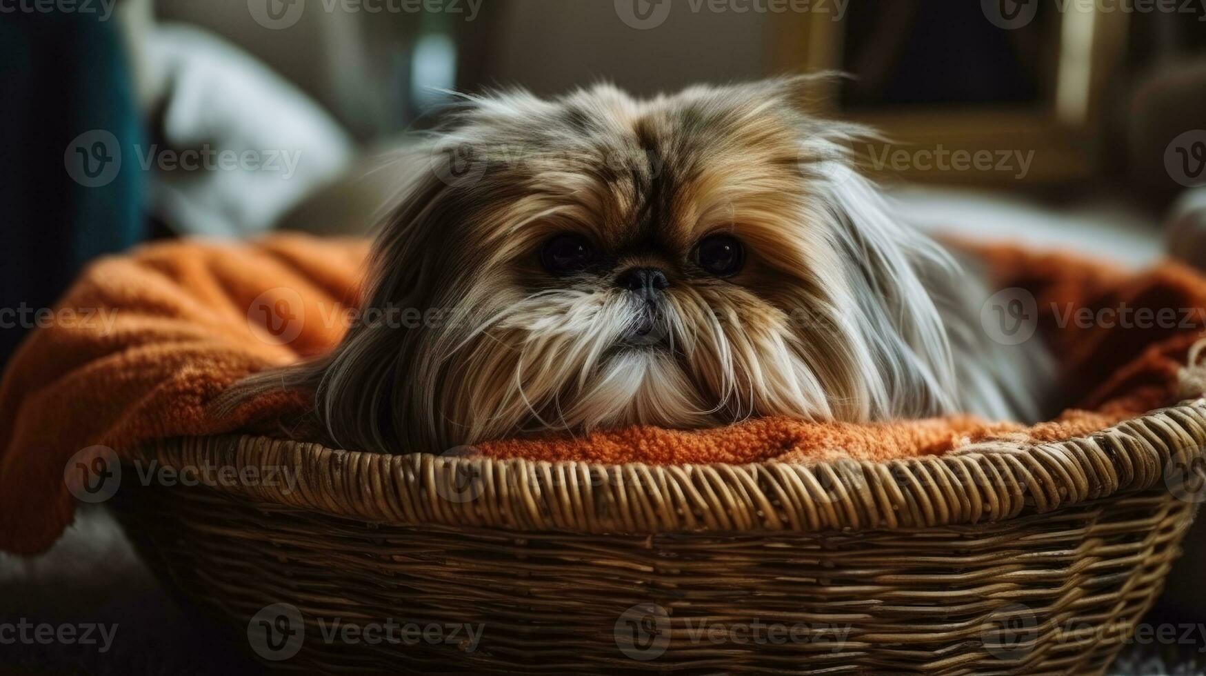 A wicker basket flipped over and turned into a pet bed, with a scruffy dog nestled into the open weaving and cozy bedding. Generative AI photo