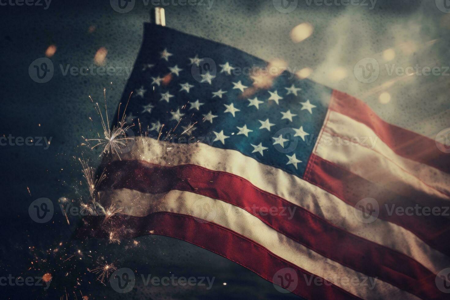 A vintage American flag waving in the breeze against a backdrop of fireworks exploding in red, white and blue hues. Generative AI. photo