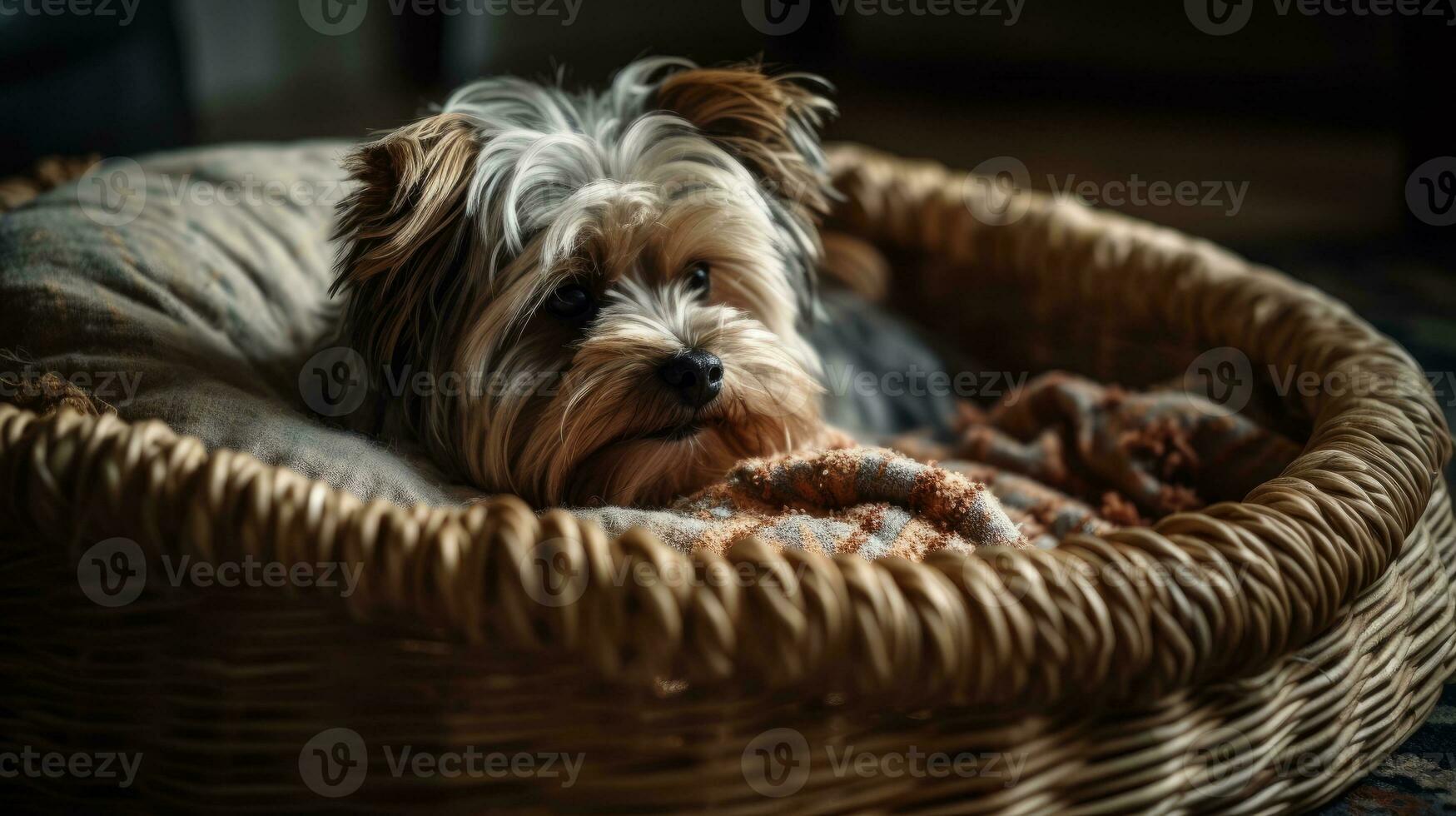 A wicker basket flipped over and turned into a pet bed, with a scruffy dog nestled into the open weaving and cozy bedding. Generative AI photo