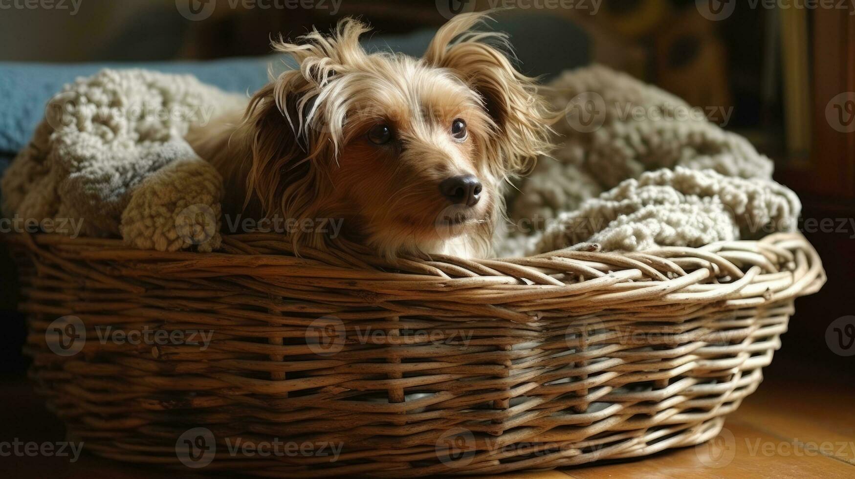 A wicker basket flipped over and turned into a pet bed, with a scruffy dog nestled into the open weaving and cozy bedding. Generative AI photo