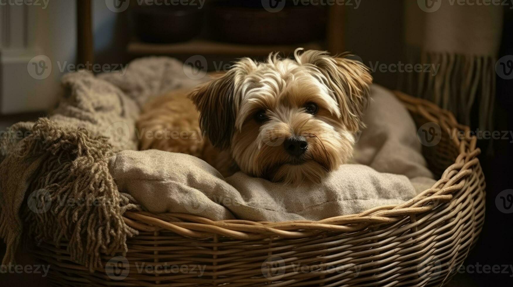 A wicker basket flipped over and turned into a pet bed, with a scruffy dog nestled into the open weaving and cozy bedding. Generative AI photo