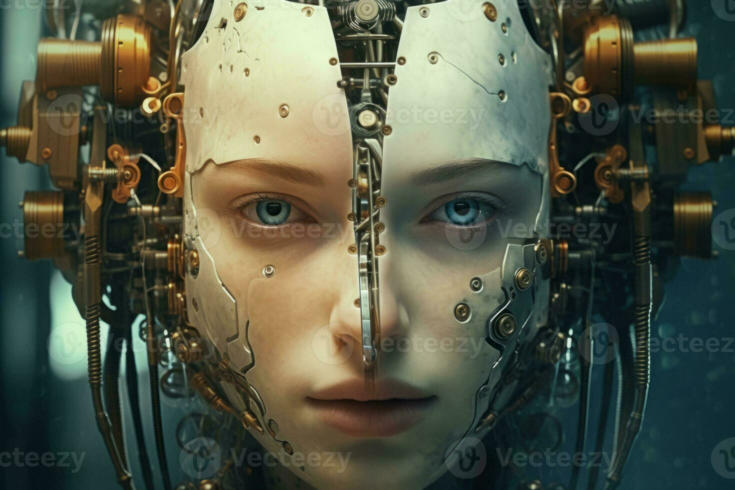 A woman face merging with a cyborg, creating a futuristic and surreal image. Generative AI photo