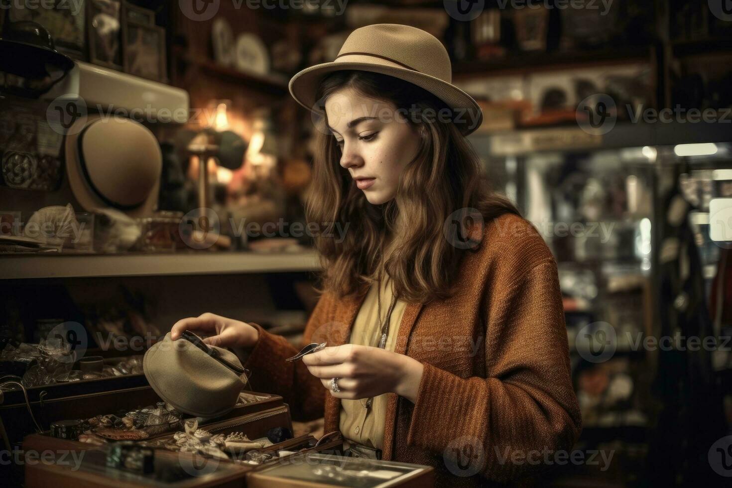 A young woman browsing through a retro and vintage store, trying on unique and one-of-a-kind items, with a sense of nostalgia and individuality. Concept of vintage and retro fashion. Generative AI photo