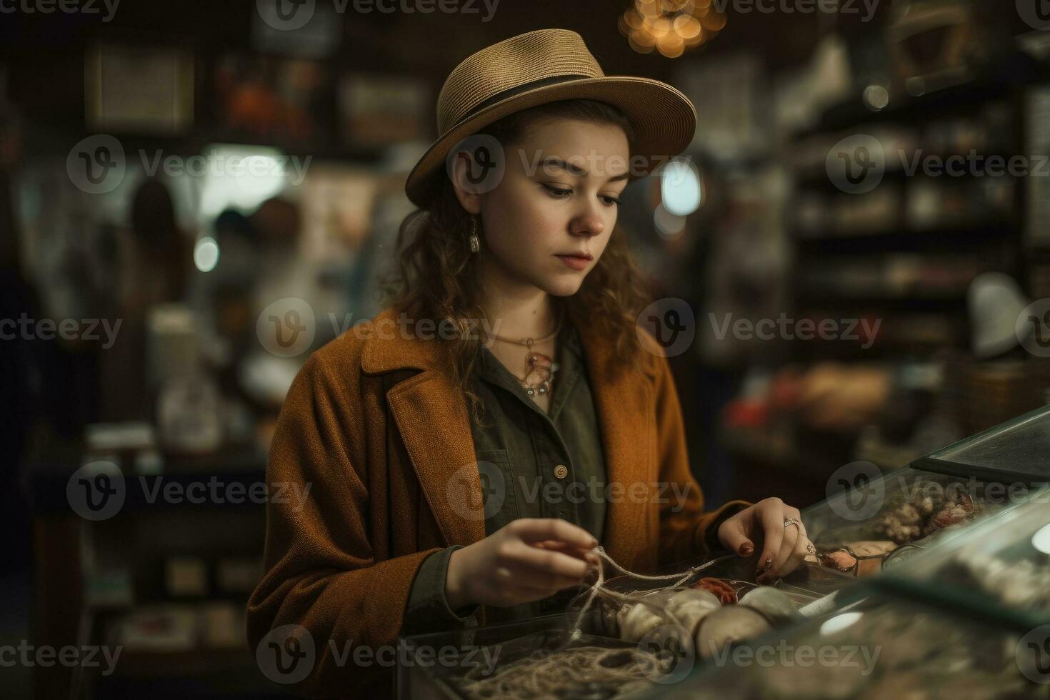 A young woman browsing through a retro and vintage store, trying on unique and one-of-a-kind items, with a sense of nostalgia and individuality. Concept of vintage and retro fashion. Generative AI photo
