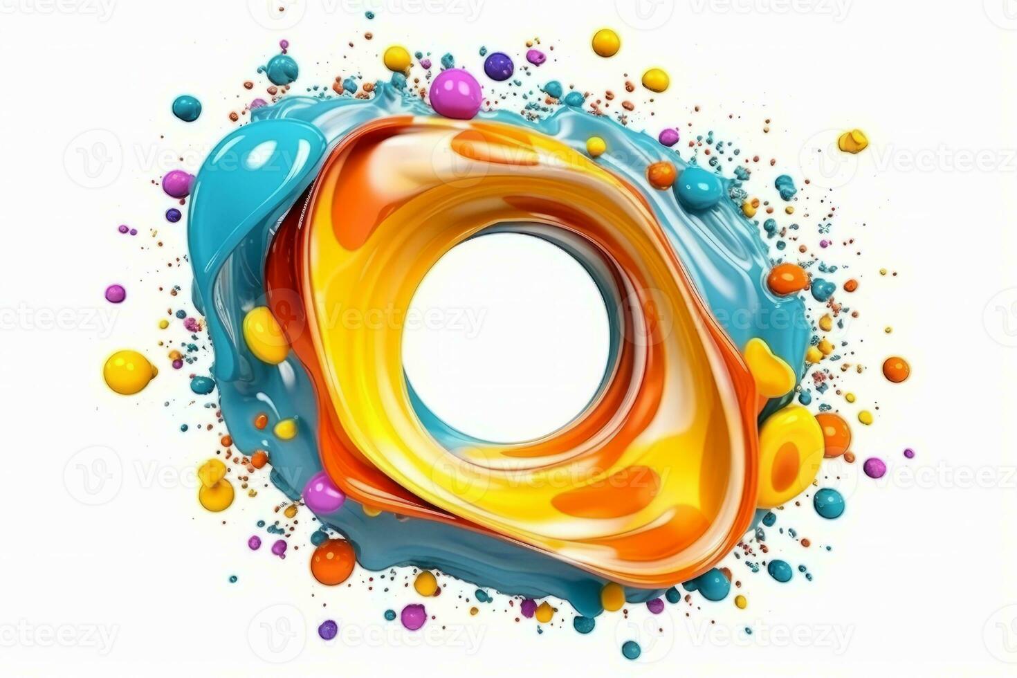 Abstract curved liquid motion splash. Curved wave colorful pattern with paint drops on white background. Generative AI photo
