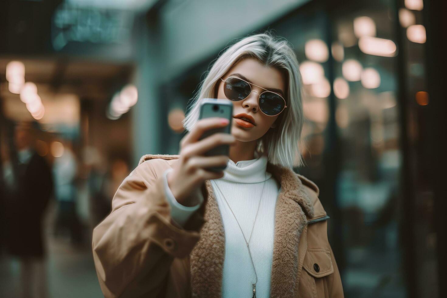 A young woman taking a selfie in front of a fashion boutique, with a large following on social media, and sharing her fashion tips and advice with her fans.  Generative AI photo