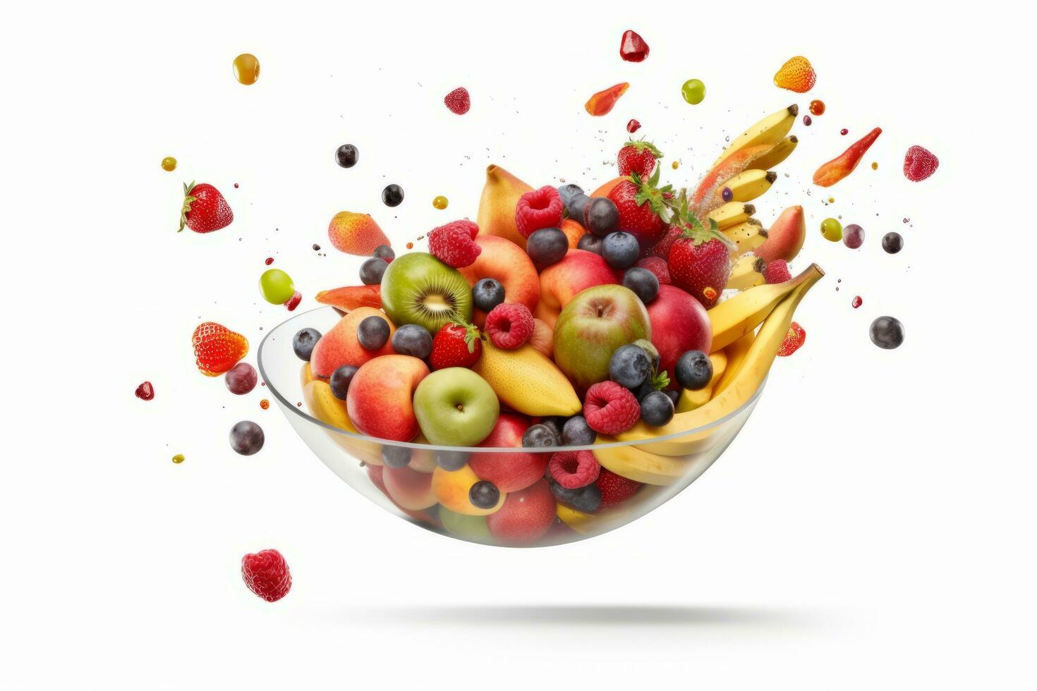 Image of a fruit salad suspended in mid-air, captured at the exact moment fruits are tossed into the bowl, creating a dynamic and visually captivating scene on white background. Generative AI photo