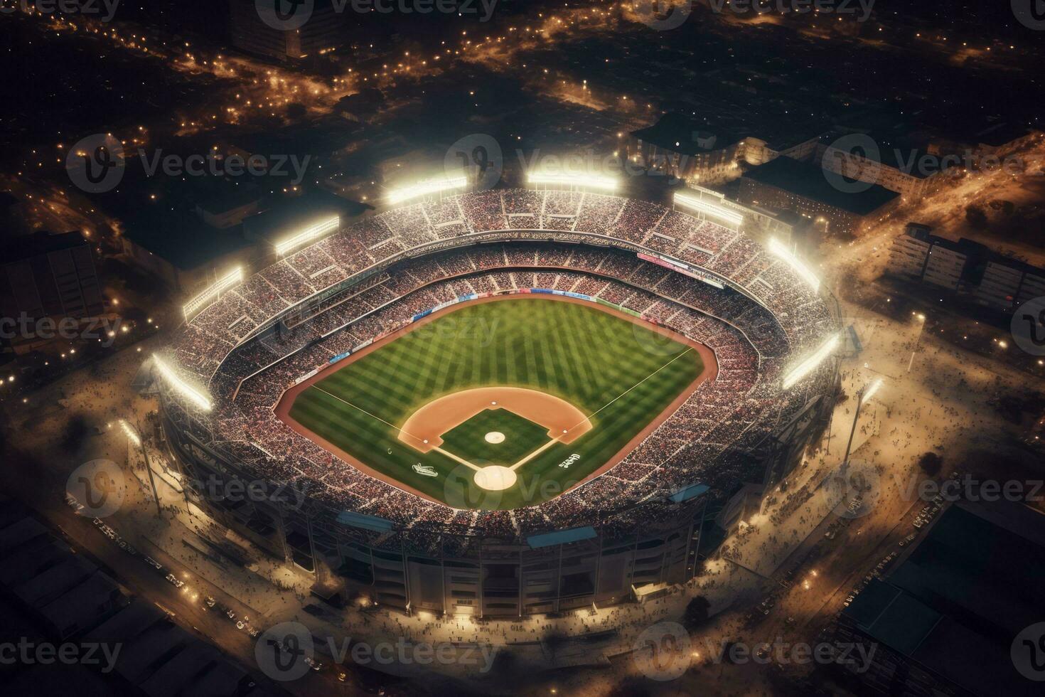 An aerial shot of a baseball stadium during a game, with the field illuminated by stadium lights, players in action, and fans cheering in the stands. Generative AI photo