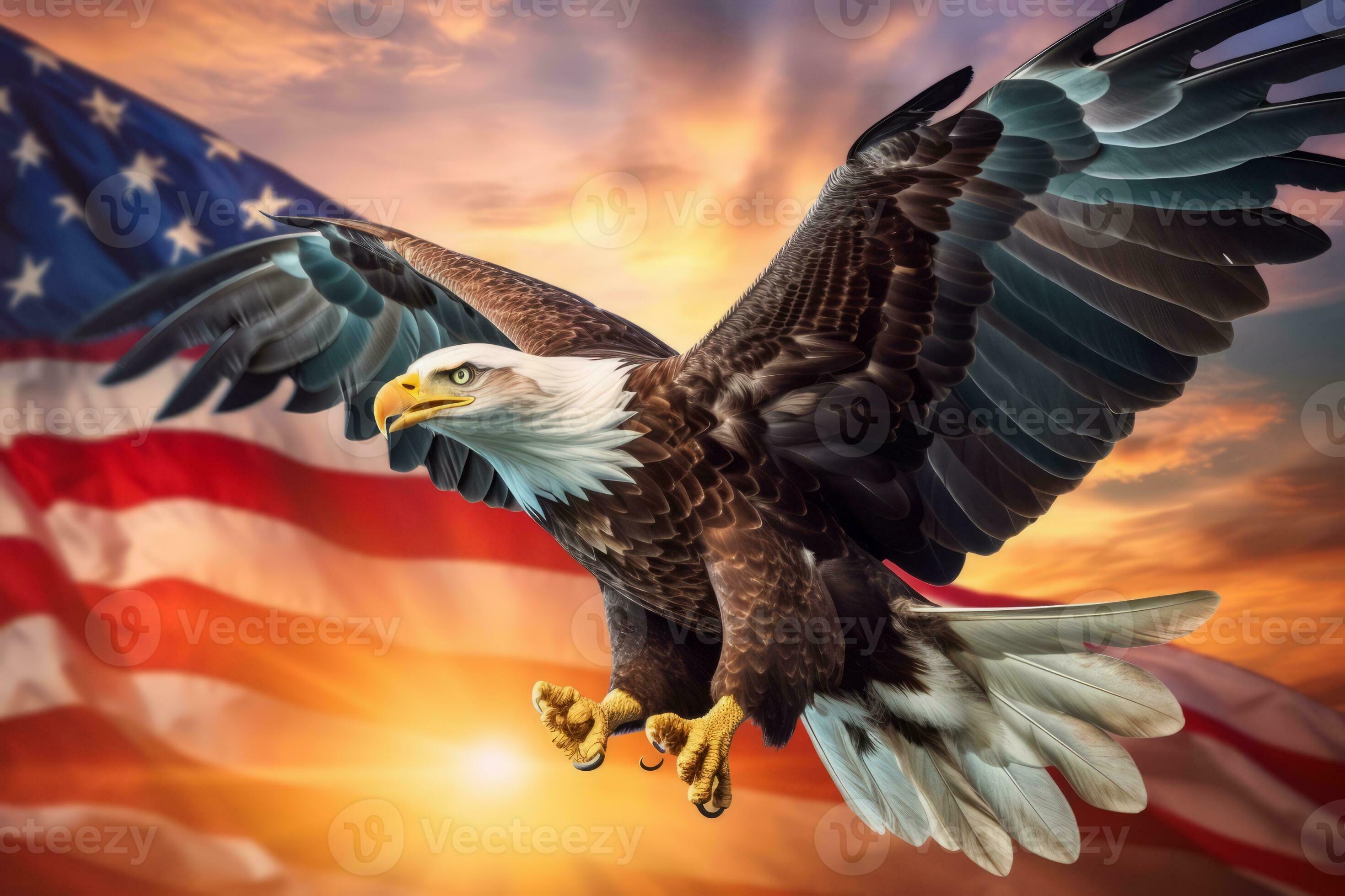An Epic Image Of A Majestic Bald Eagle Soaring Through The Sky An Epic Image Of A Majestic Bald Eagle Soaring Through The Sky Carrying An American Flag Vibrant Colors Symbolizing The Strength And Freedom Of The Nation Generative Ai Photo