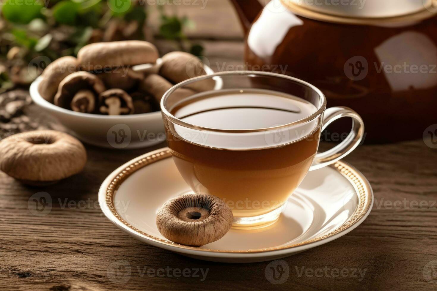 An image featuring a bottle of shiitake mushroom capsules alongside a steaming cup of herbal tea made with dried shiitake mushrooms, conveying the nutritional and medicinal benefits. Generative Ai photo