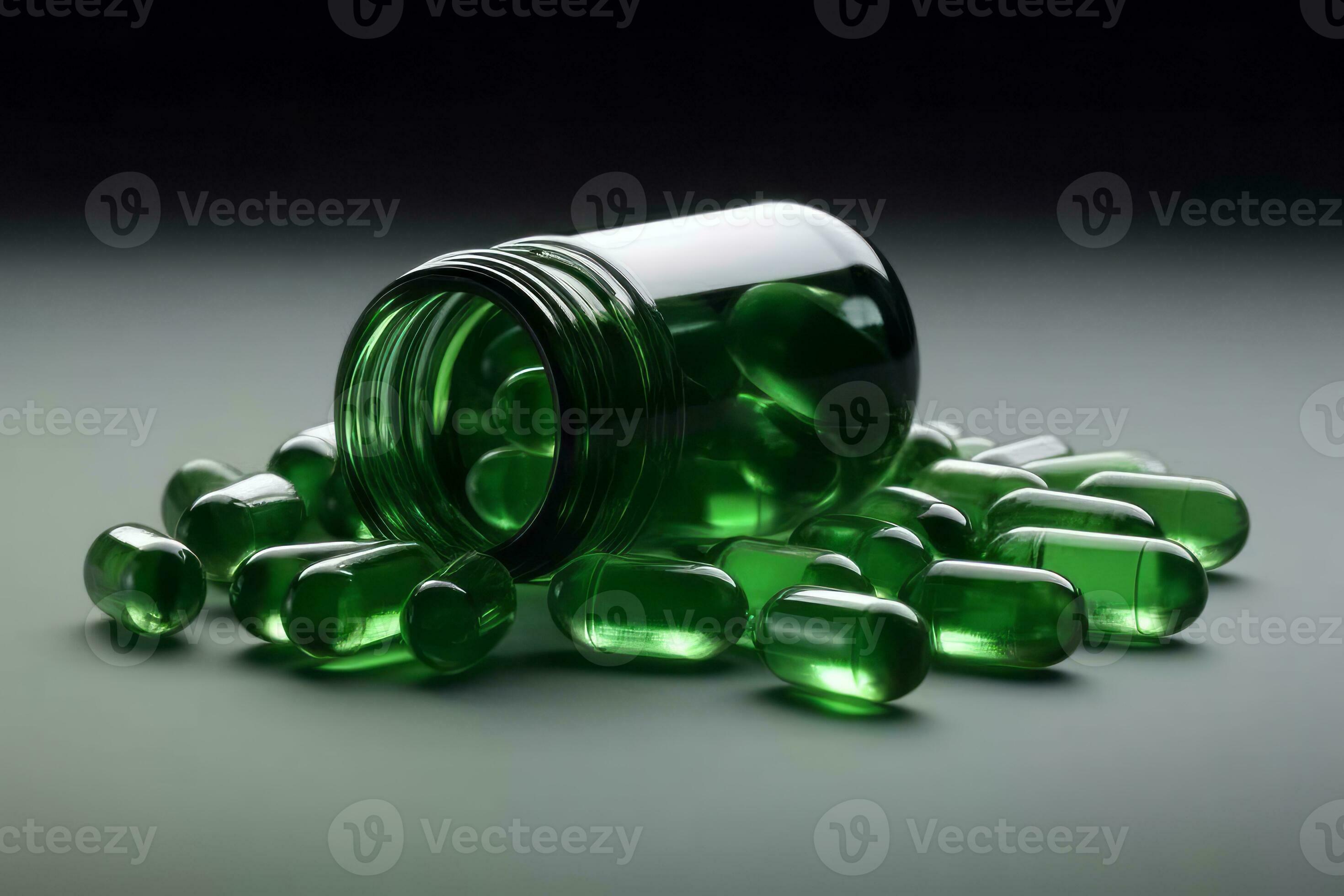 Bottle of chlorophyll capsules and herbal supplements