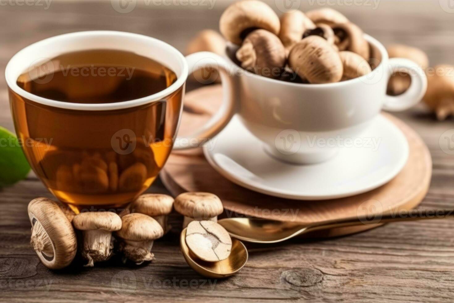 An image featuring a bottle of shiitake mushroom capsules alongside a steaming cup of herbal tea made with dried shiitake mushrooms, conveying the nutritional and medicinal benefits. Generative Ai photo