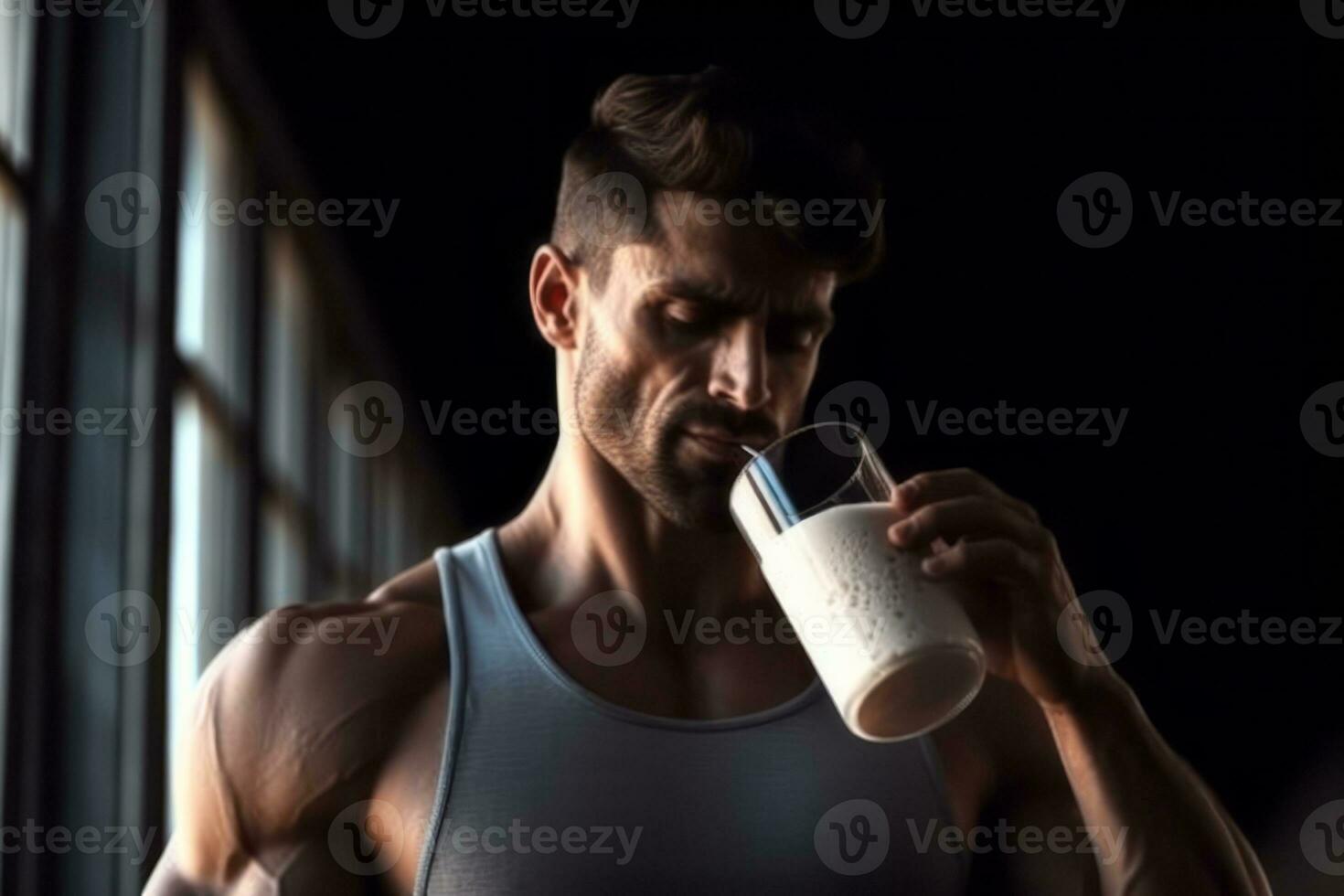An image featuring a fitness enthusiast drinking a post-workout shake made with sunflower seed protein, emphasizing its role in muscle repair and recovery. Generative Ai photo