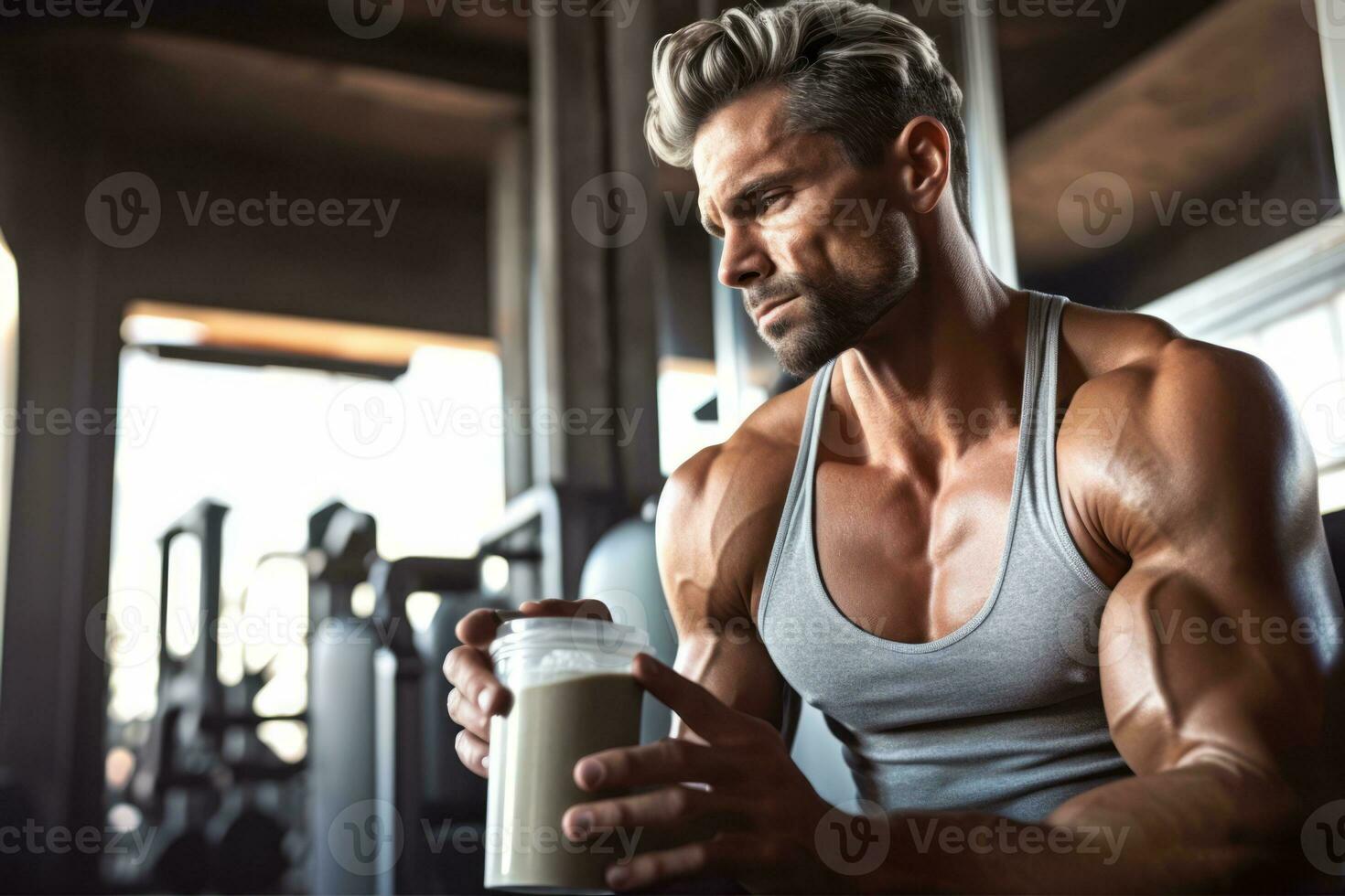 An image featuring a fitness enthusiast drinking a post-workout shake made with sunflower seed protein, emphasizing its role in muscle repair and recovery. Generative Ai photo