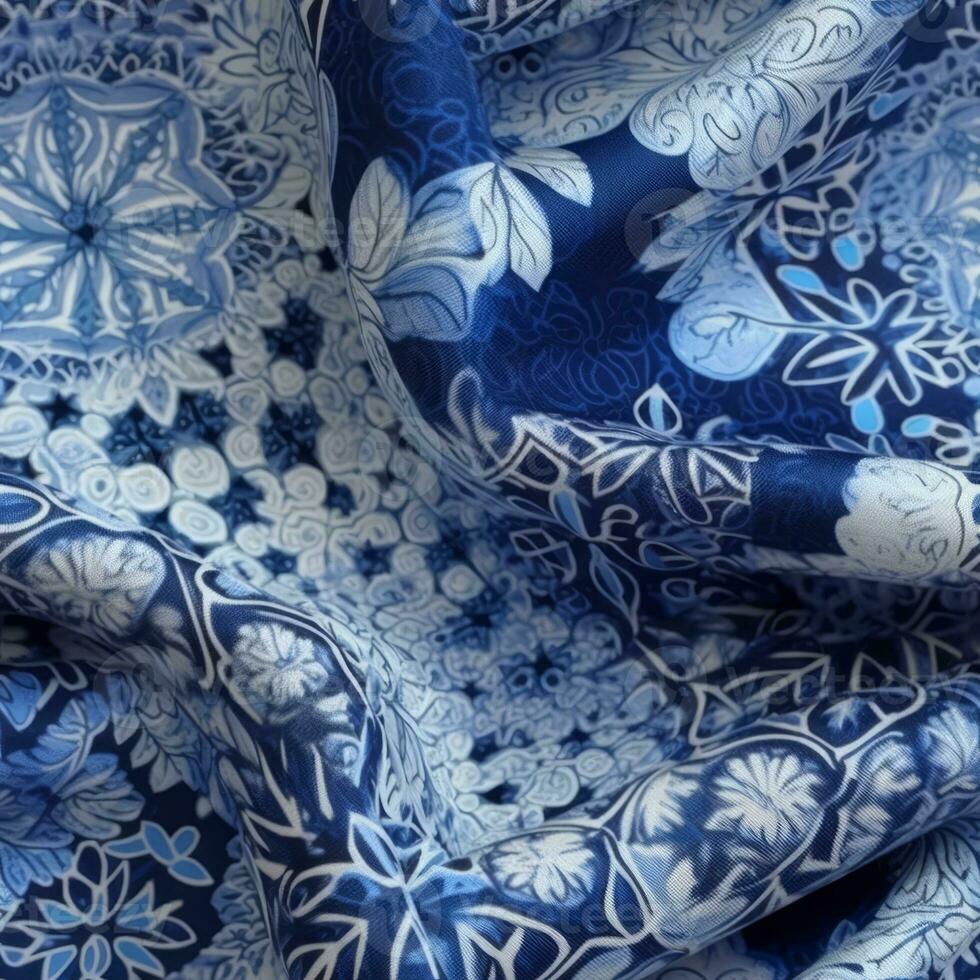 An image featuring an intricate snowflake fabric pattern in shades of blue and silver, evoking a magical and wintry ambiance. Generative Ai photo