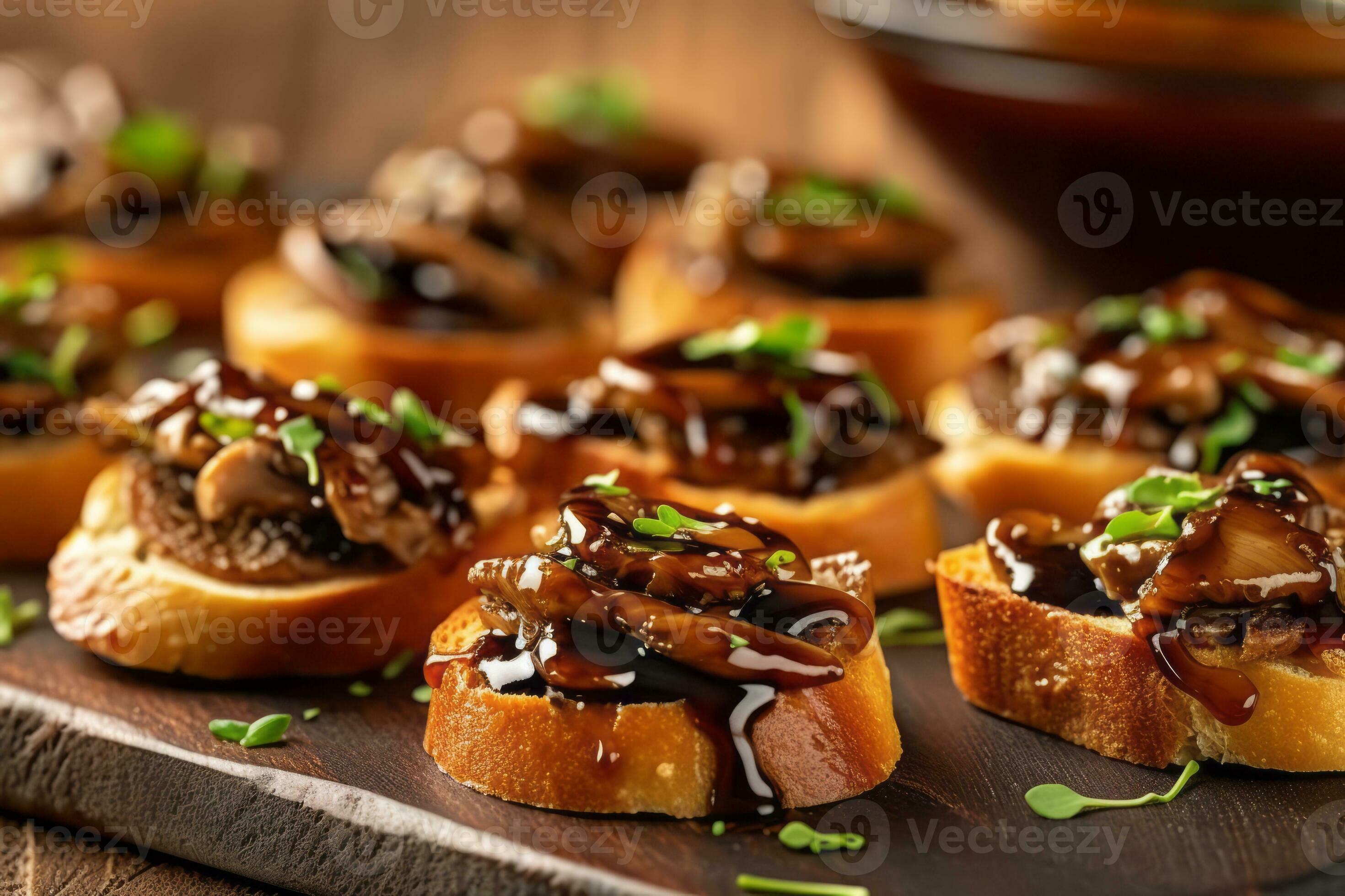 Bitesized shiitake mushroom crostini topped with a drizzle of balsamic