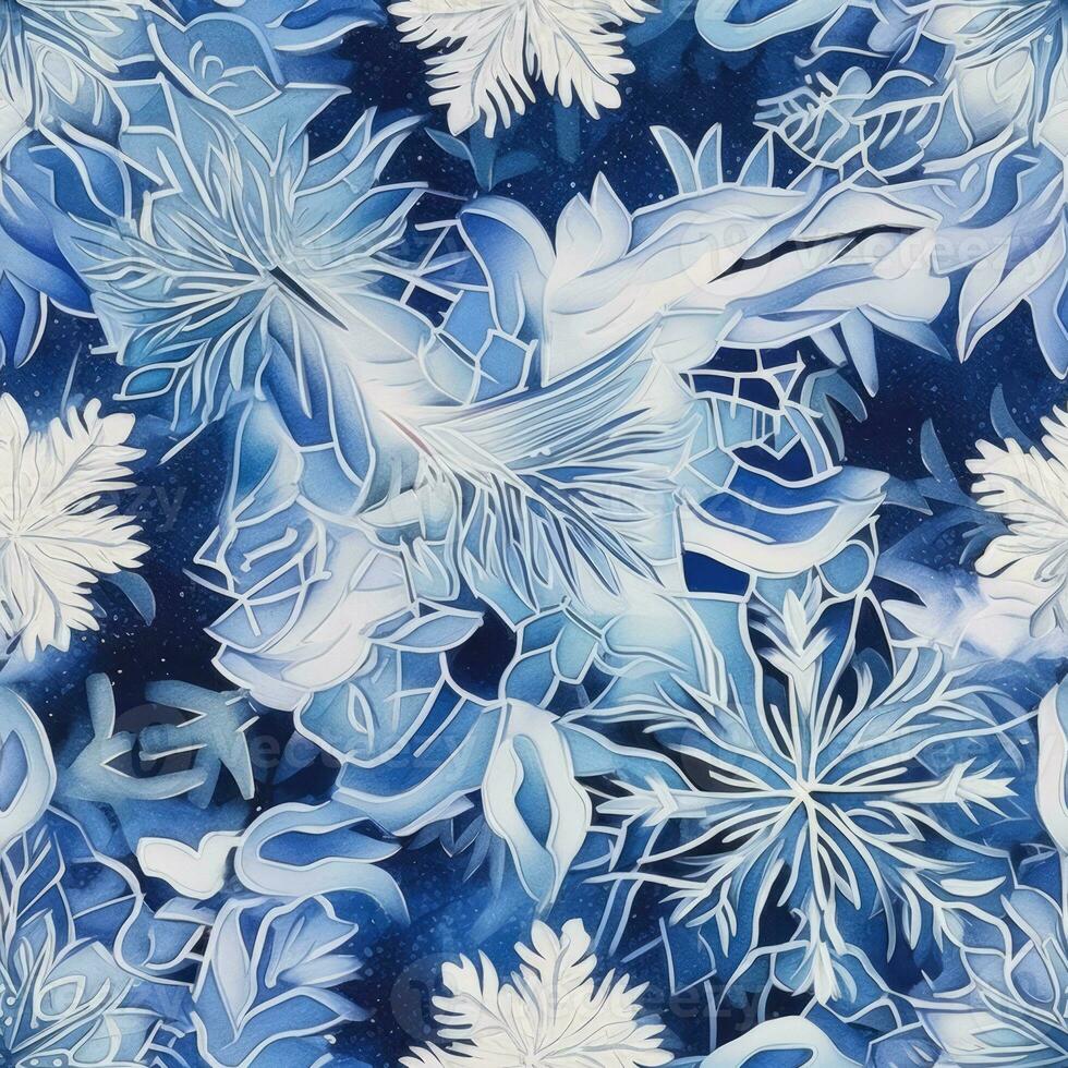 An image featuring an intricate snowflake fabric pattern in shades of blue and silver, evoking a magical and wintry ambiance. Generative Ai photo