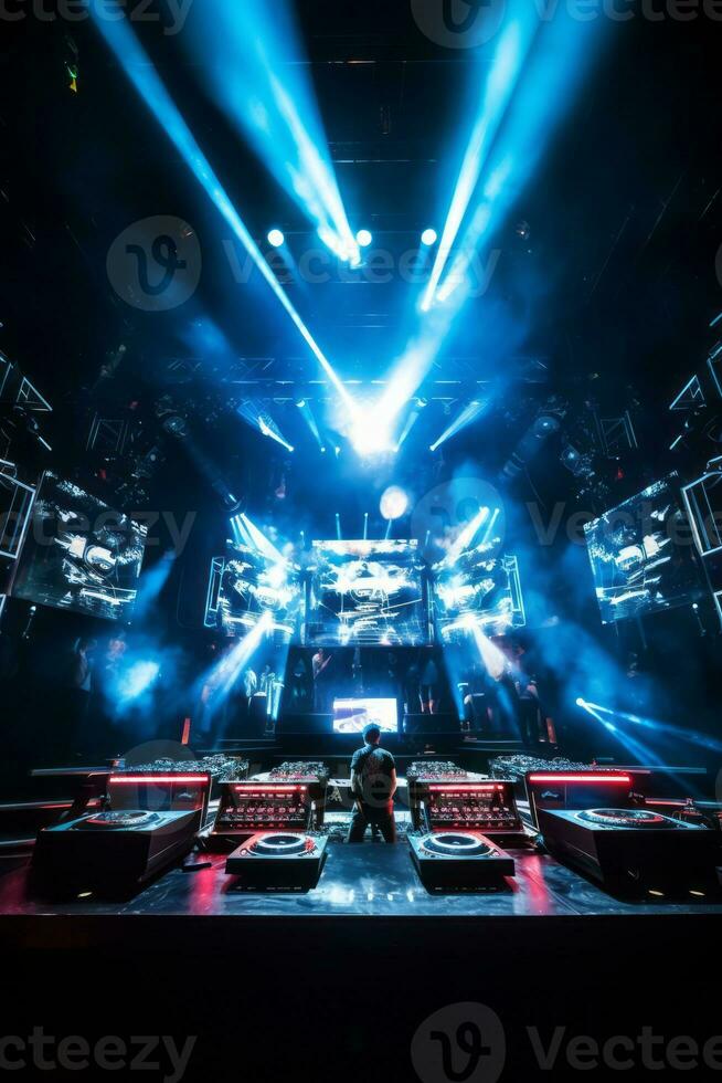 An image of a DJ booth surrounded by an impressive stage setup, complete with LED screens and lighting effects, emphasizing the professional production value of the event. Generative AI photo