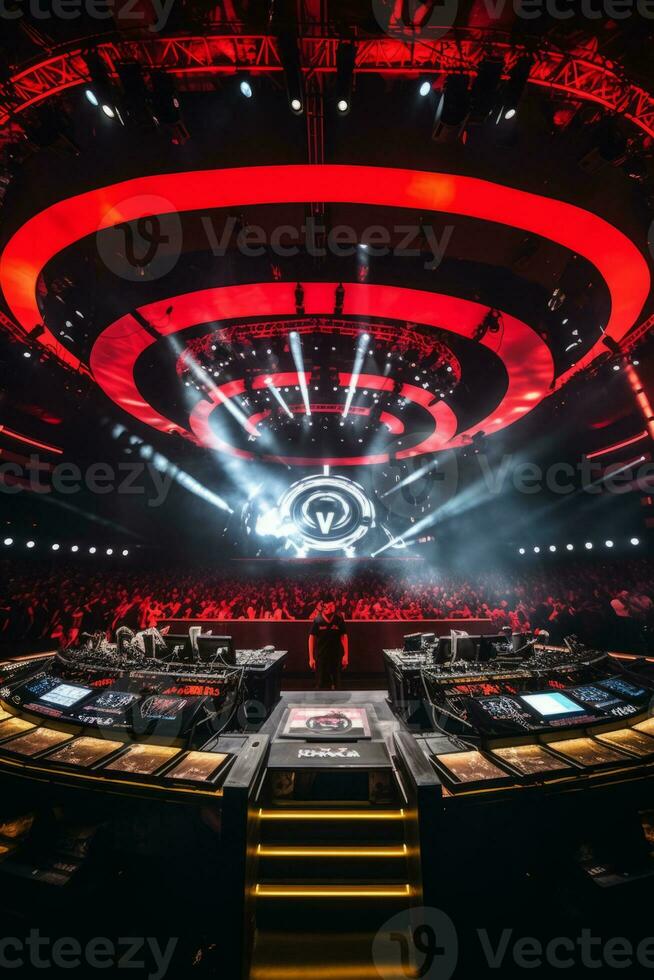 An image of a DJ booth surrounded by an impressive stage setup, complete with LED screens and lighting effects, emphasizing the professional production value of the event. Generative AI photo