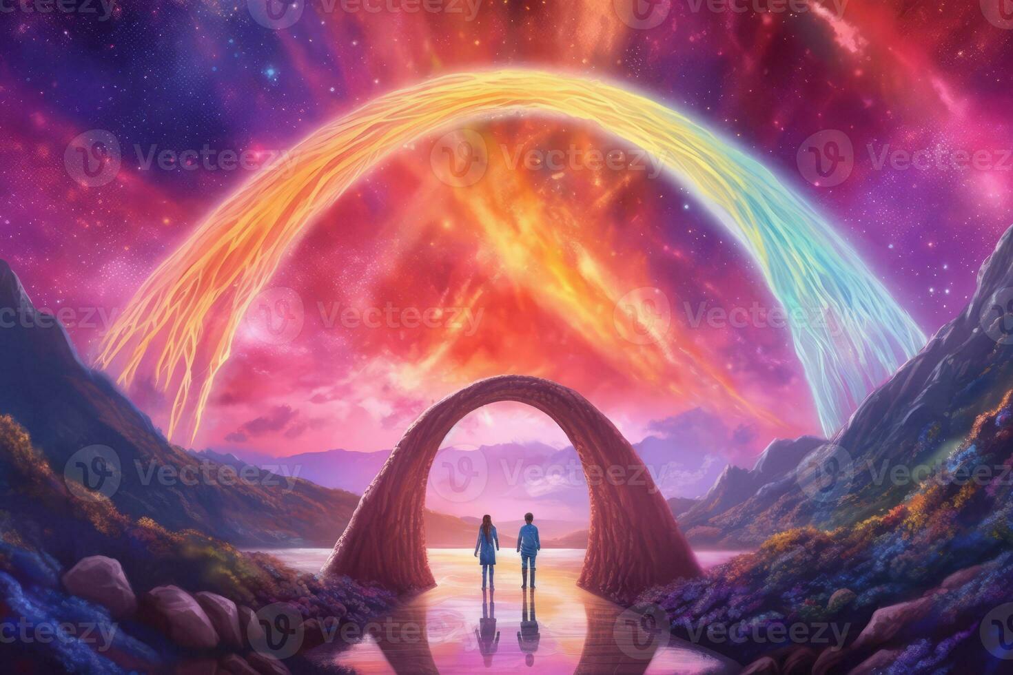 Couple walking on a surreal rainbow bridge, with vibrant colors radiating from their footsteps, symbolizing the journey of love and the shared adventures that await. Generative Ai photo