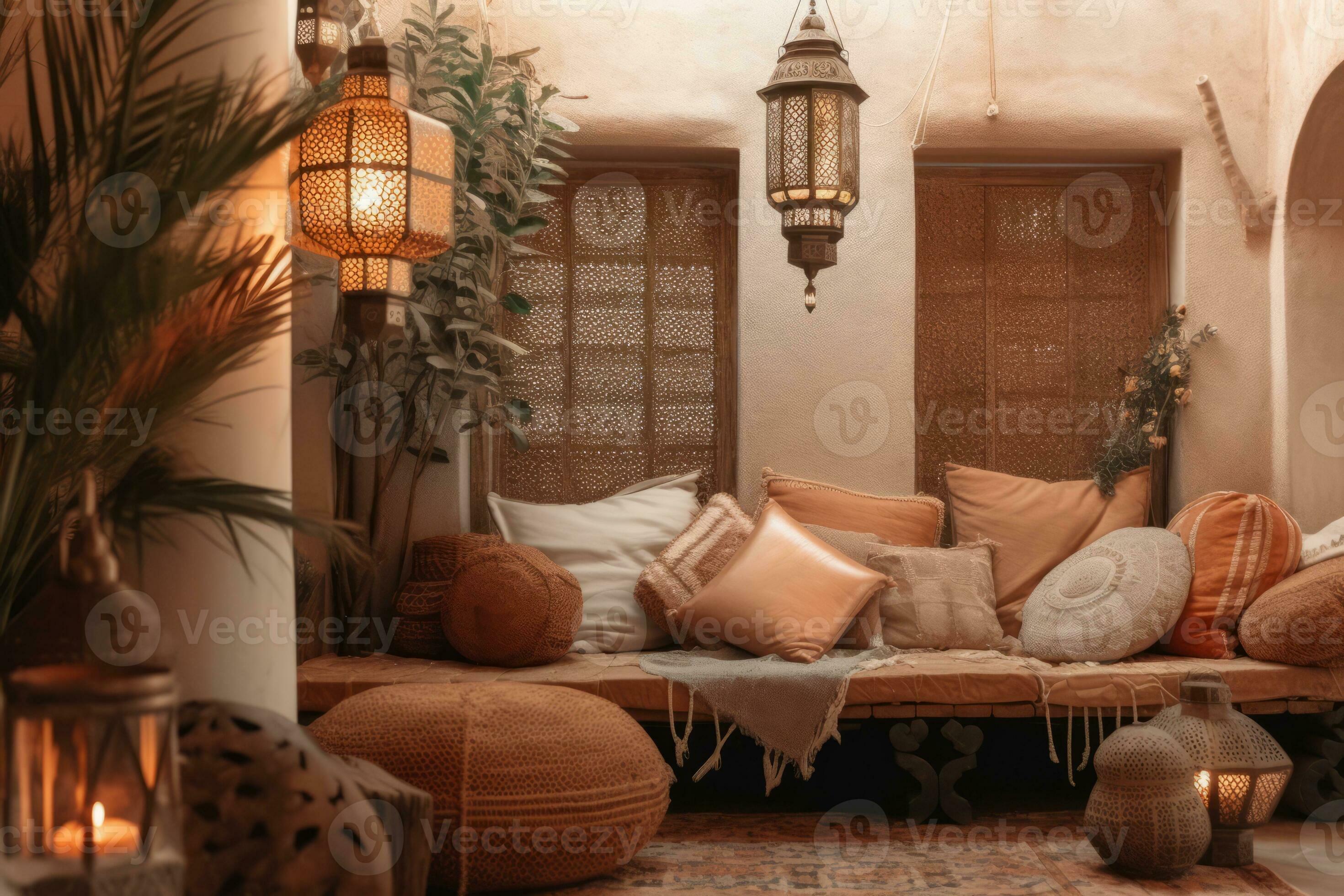 A cozy sitting area in a Moroccan Riad with comfortable cushions