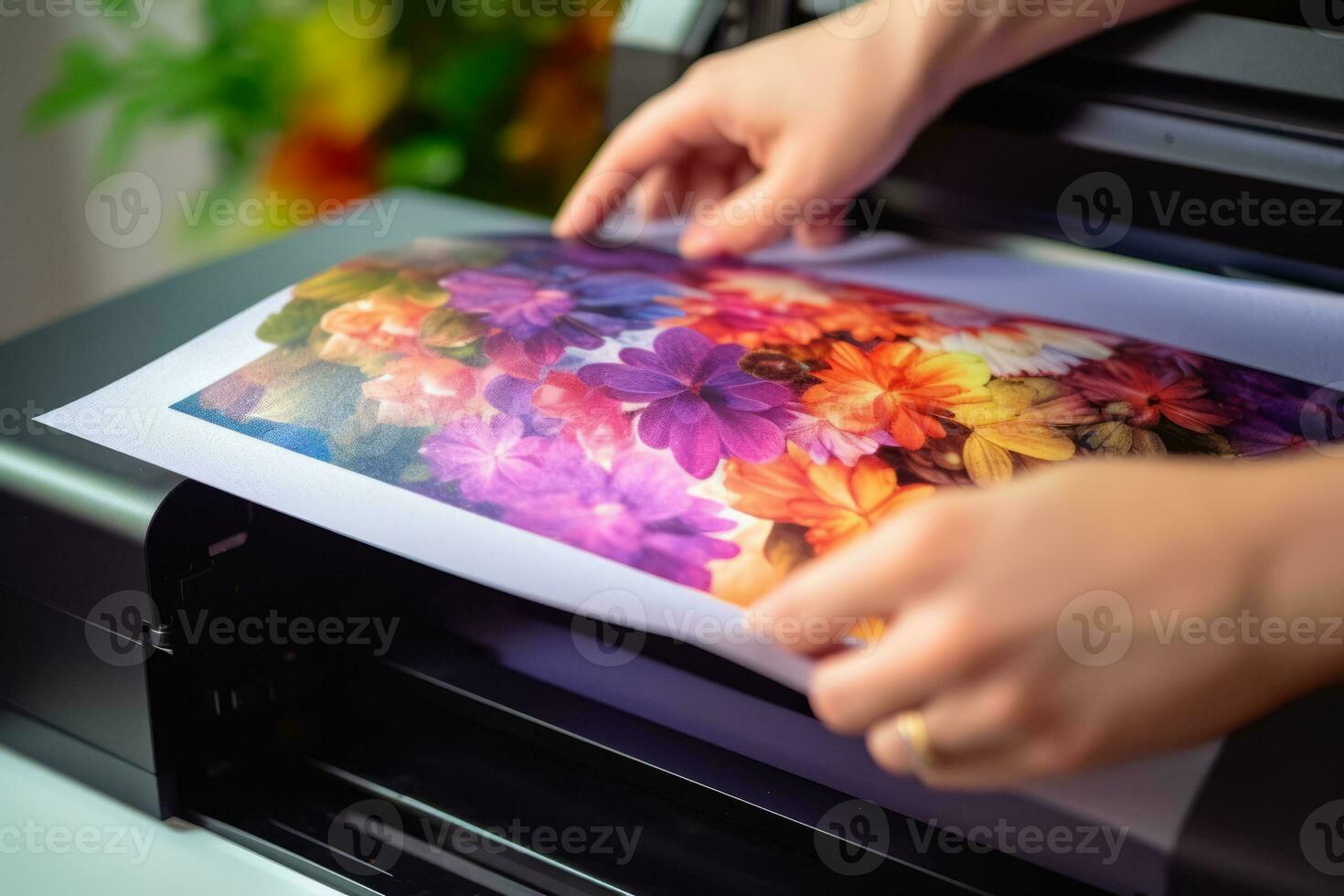 Hand holding a freshly printed photograph with vibrant colors, showcasing the high-quality output of an ink photo printer. Generative Ai