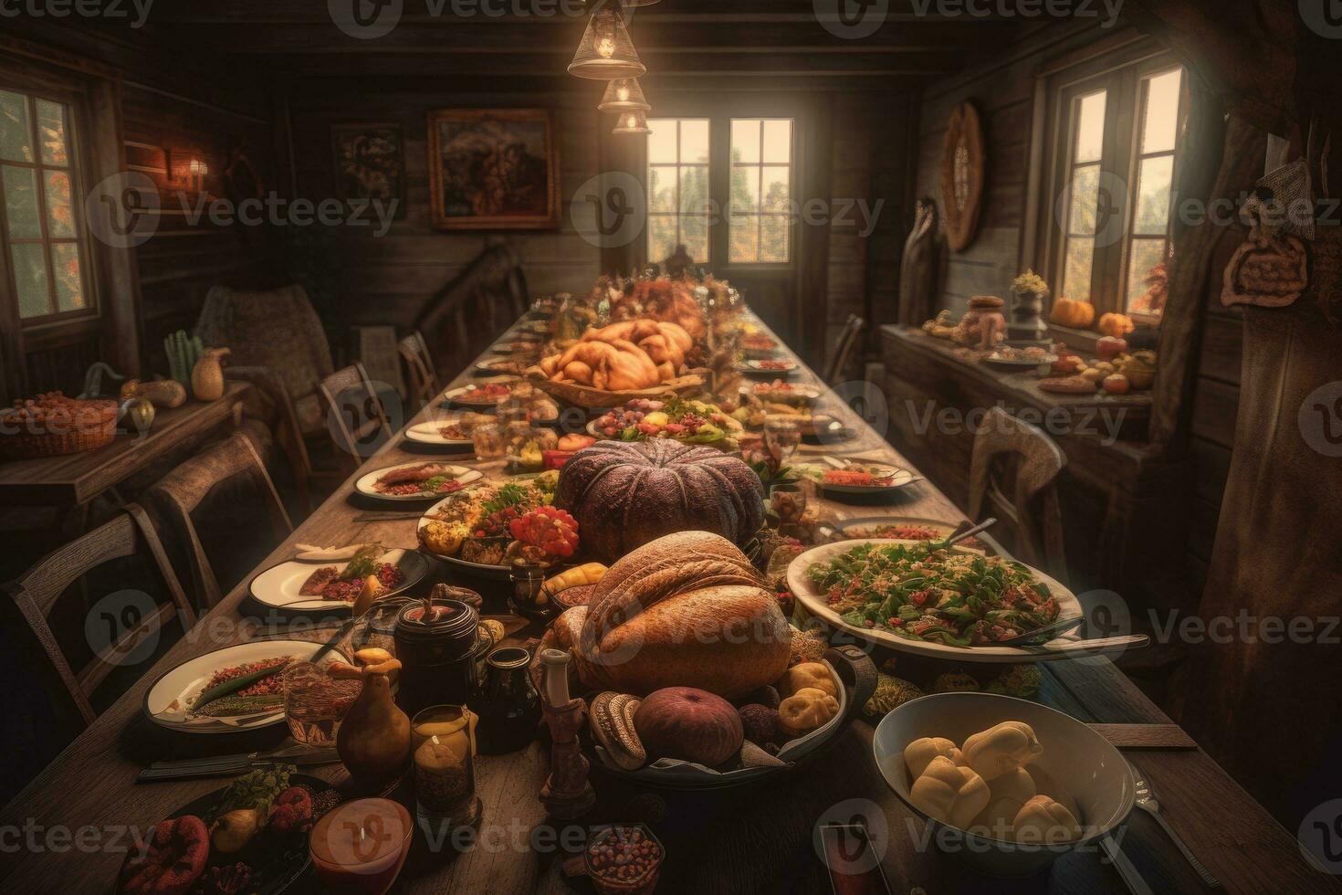 Long table filled with delicious Thanksgiving dishes. The setting a rustic barn , with fall foliage and pumpkins adding to the seasonal atmosphere. Generative AI photo