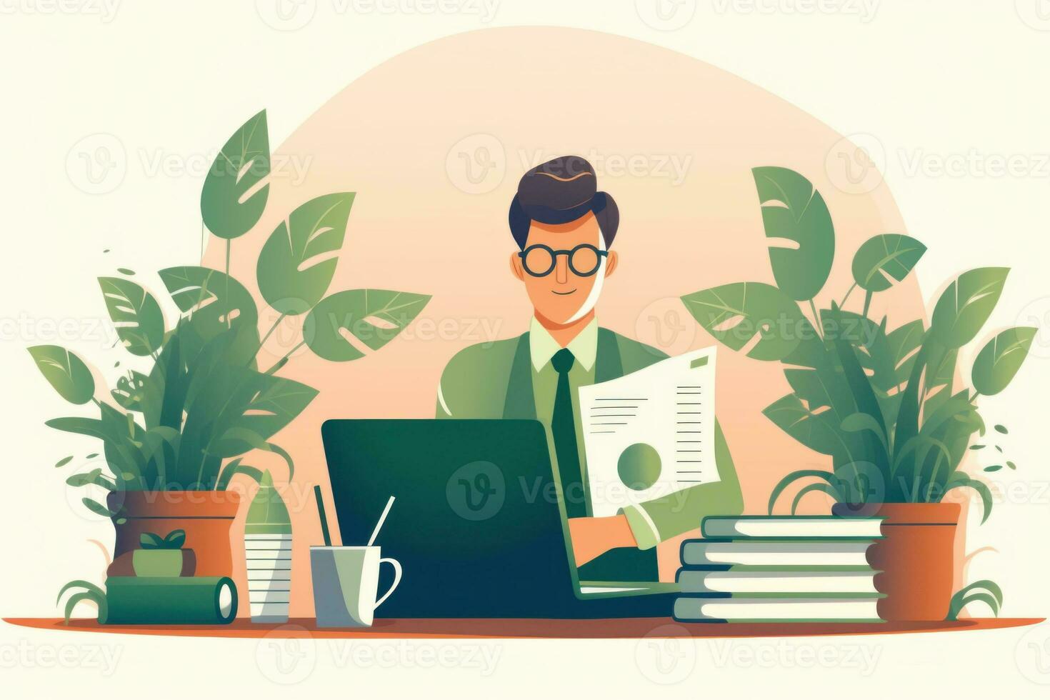 An image of a person sitting at a desk, surrounded by tax documents and a calculator, with a small plant in the background. Generative AI photo