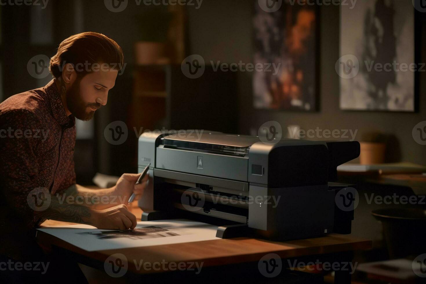 Professional photographer using an ink photo printer in a well-lit studio, emphasizing the printer's role in professional photography workflows. Generative Ai