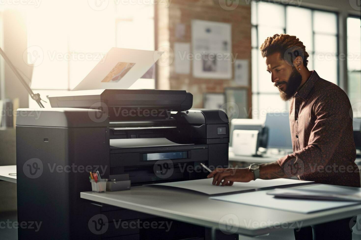 Professional photographer using an ink photo printer in a well-lit studio, emphasizing the printer's role in professional photography workflows. Generative Ai