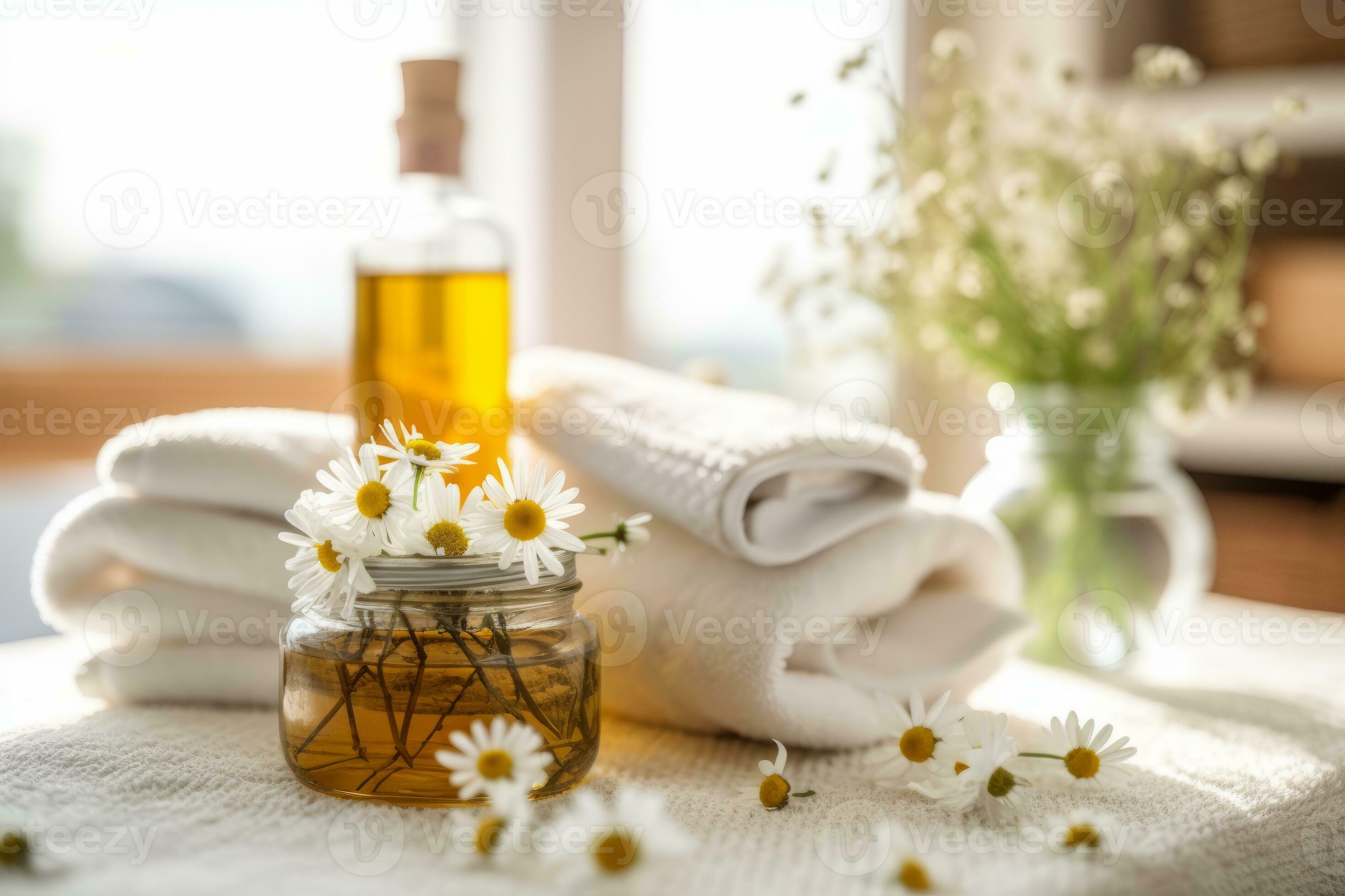An image of a spa setting with chamomileinfused water, towels, and