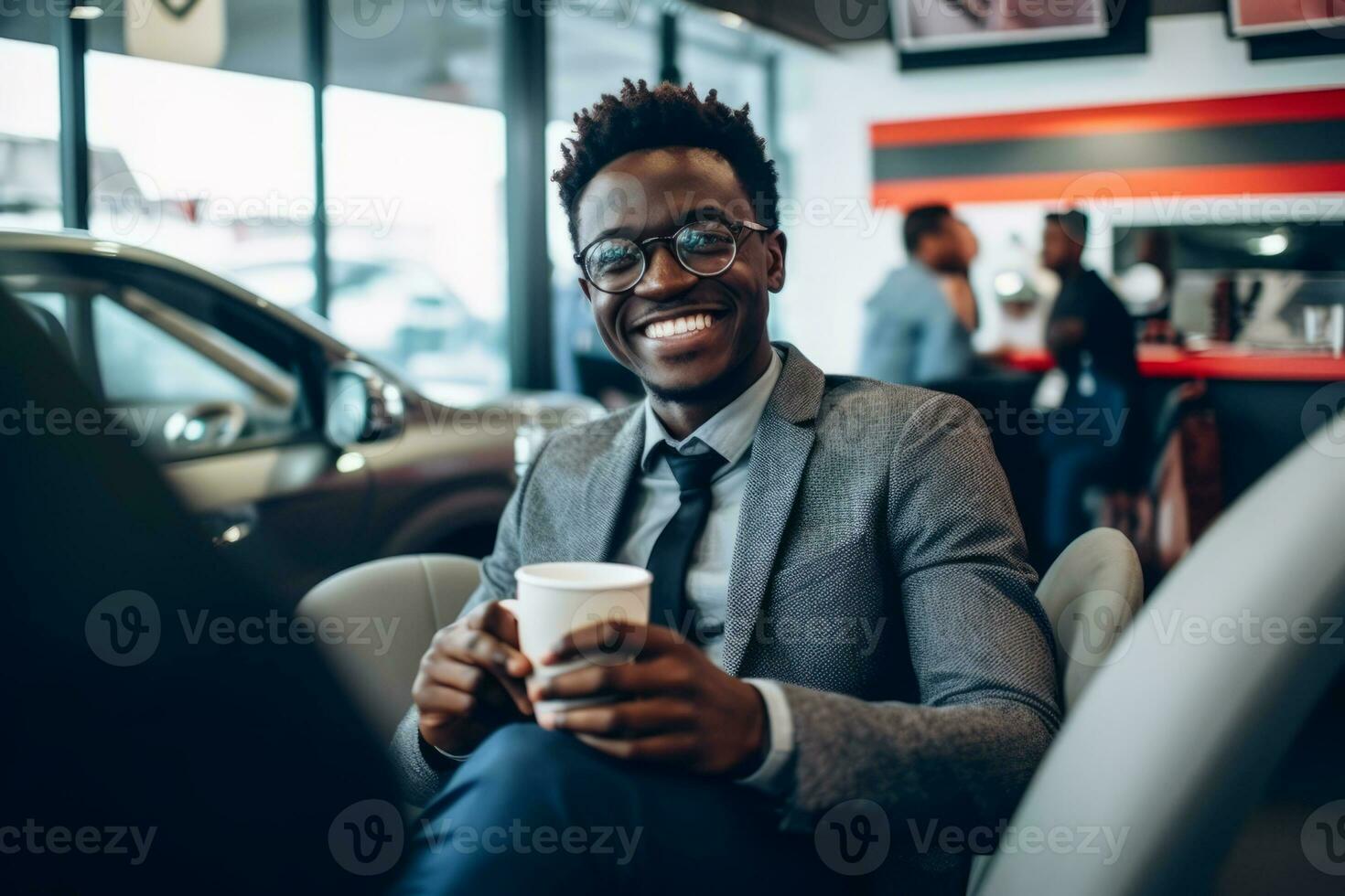 A smiling customer sitting comfortably in the waiting area of a car wash, enjoying complimentary amenities like coffee and Wi-Fi, highlighting the customer-centric experience. Generative Ai photo