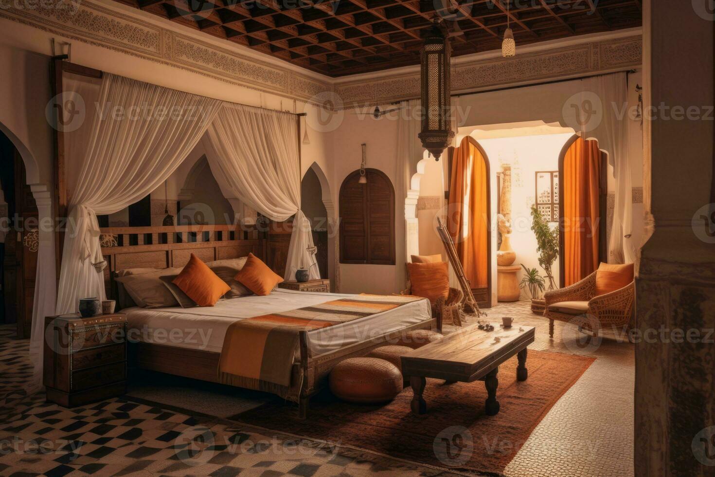 An image of a stylish bedroom in a Moroccan Riad, with carved wooden furniture, colorful textiles, and soft lighting, creating an inviting and serene atmosphere. Generative AI photo