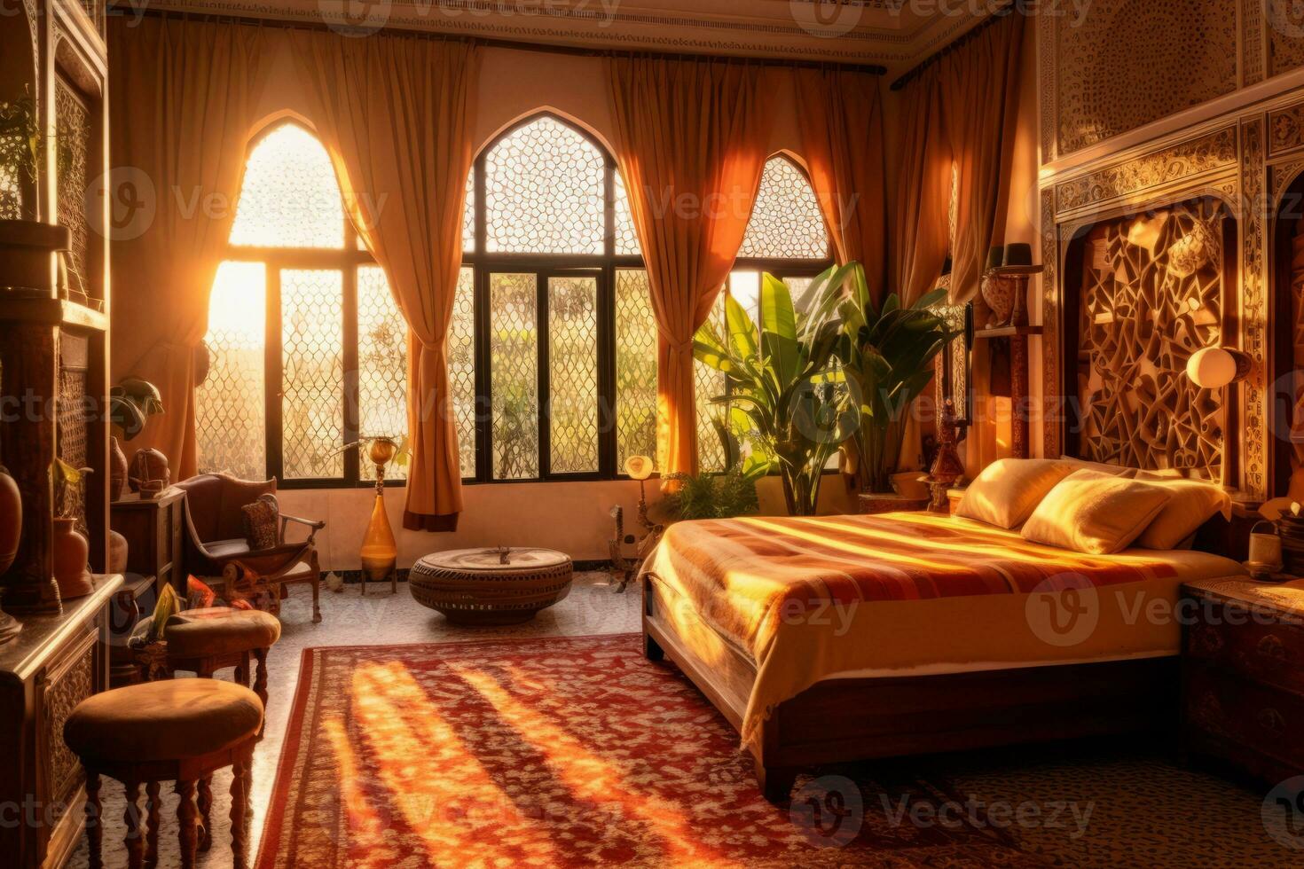 An image of a stylish bedroom in a Moroccan Riad, with carved wooden furniture, colorful textiles, and soft lighting, creating an inviting and serene atmosphere. Generative AI photo