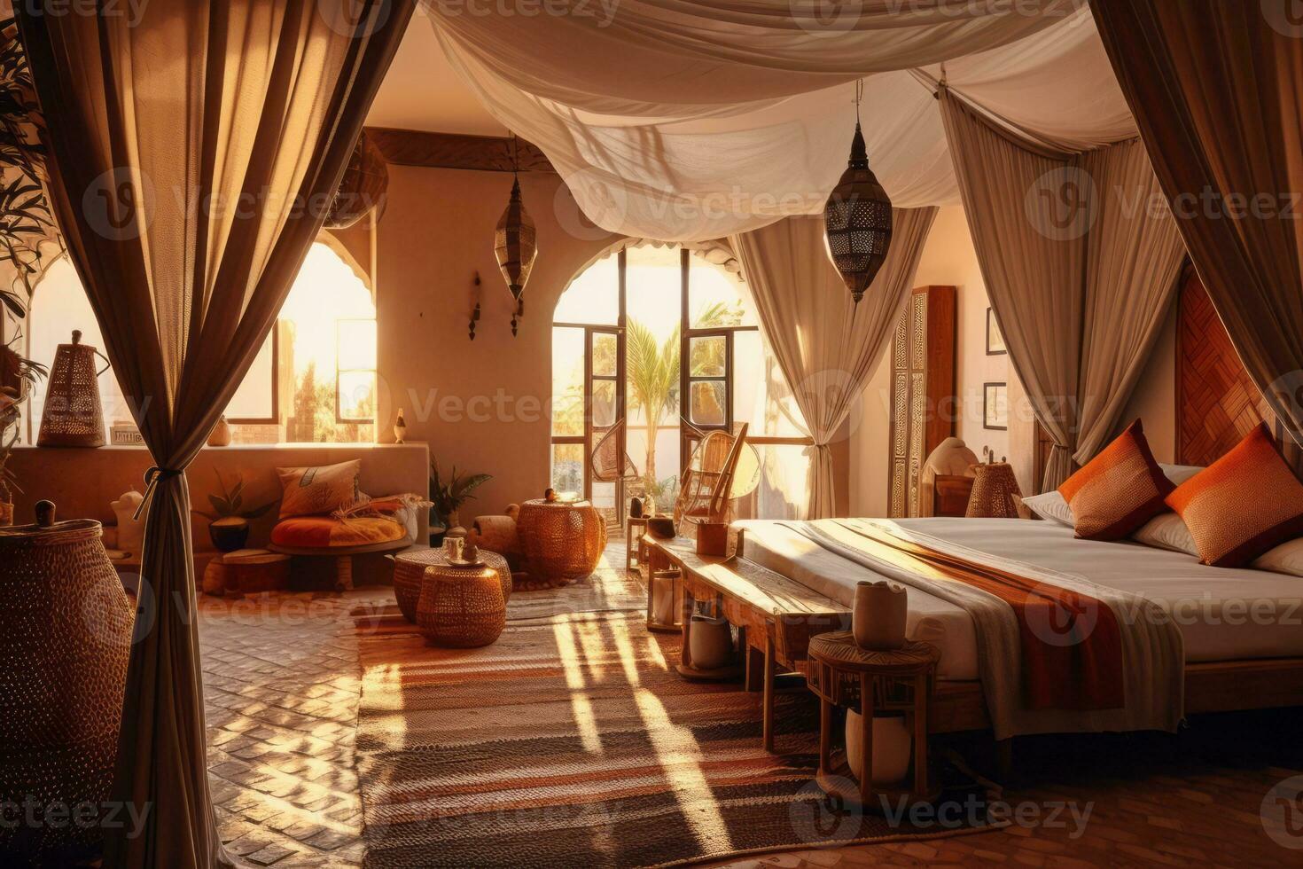 An image of a stylish bedroom in a Moroccan Riad, with carved wooden furniture, colorful textiles, and soft lighting, creating an inviting and serene atmosphere. Generative AI photo