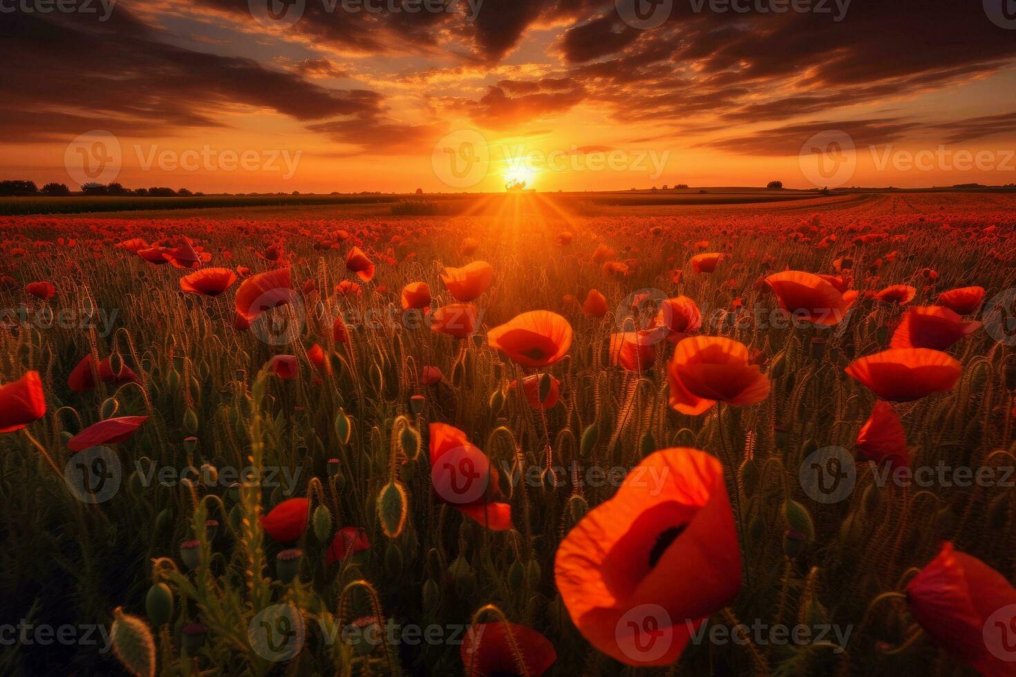 An image of a stunning sunset over a field of poppies, creating a warm and serene atmosphere. Generative AI photo