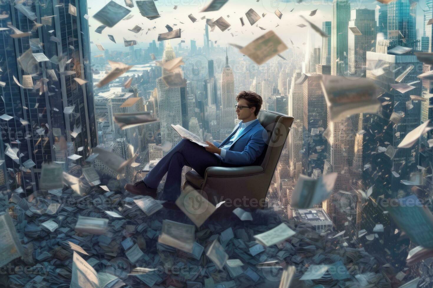 An image of a writer sitting in a chair, surrounded by flying books that create a whirlwind around them, with city skyscrapers visible in the background. Generative AI photo