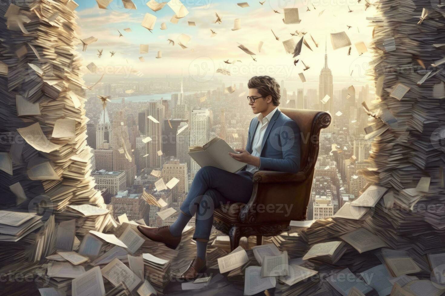 An image of a writer sitting in a chair, surrounded by flying books that create a whirlwind around them, with city skyscrapers visible in the background. Generative AI photo
