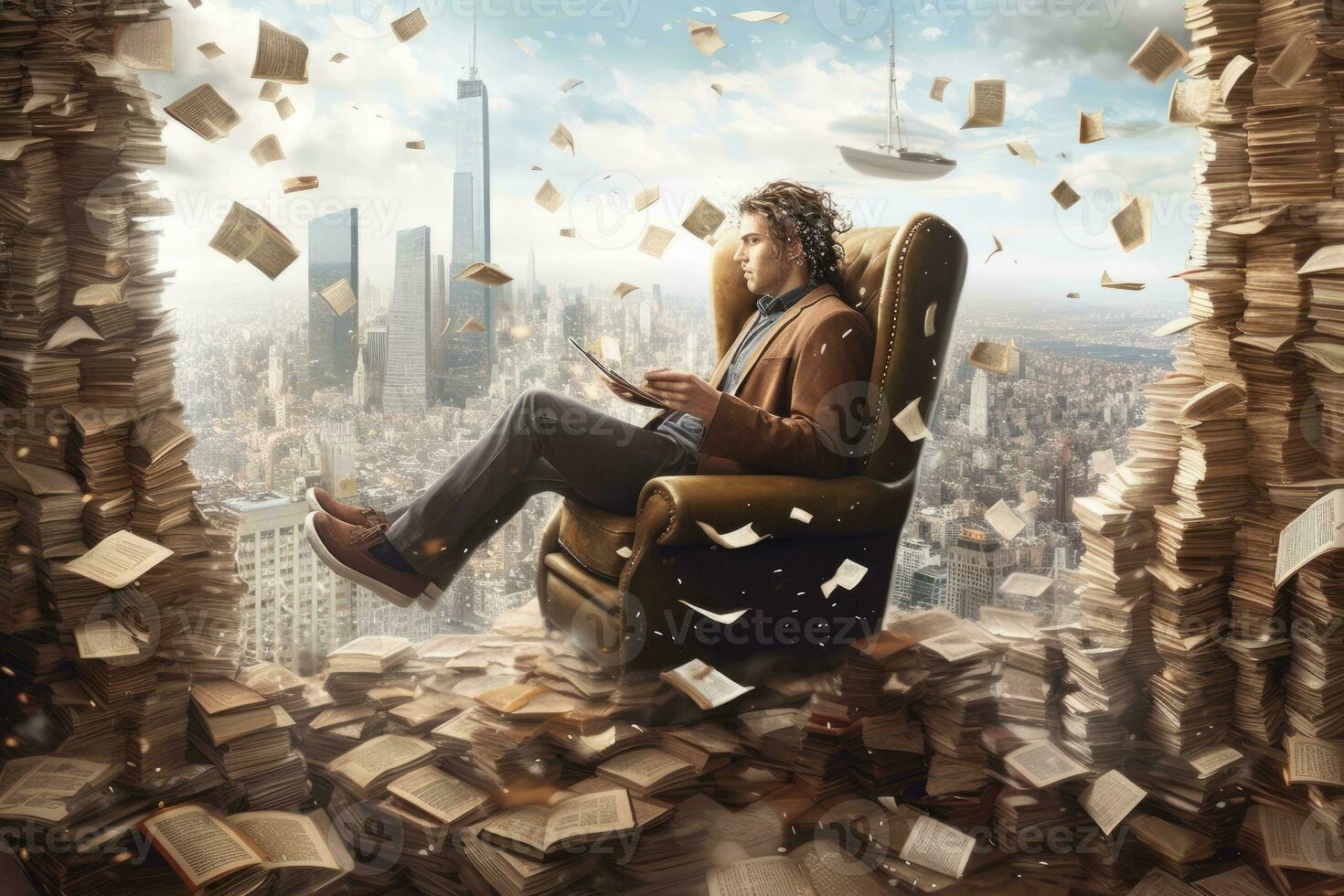 An image of a writer sitting in a chair, surrounded by flying books that create a whirlwind around them, with city skyscrapers visible in the background. Generative AI photo