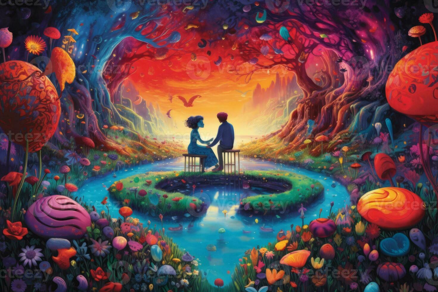 Surreal garden filled with oversized flowers and plants in a variety of vivid colors, where a couple sits at a table surrounded by floating hearts. Generative AI photo