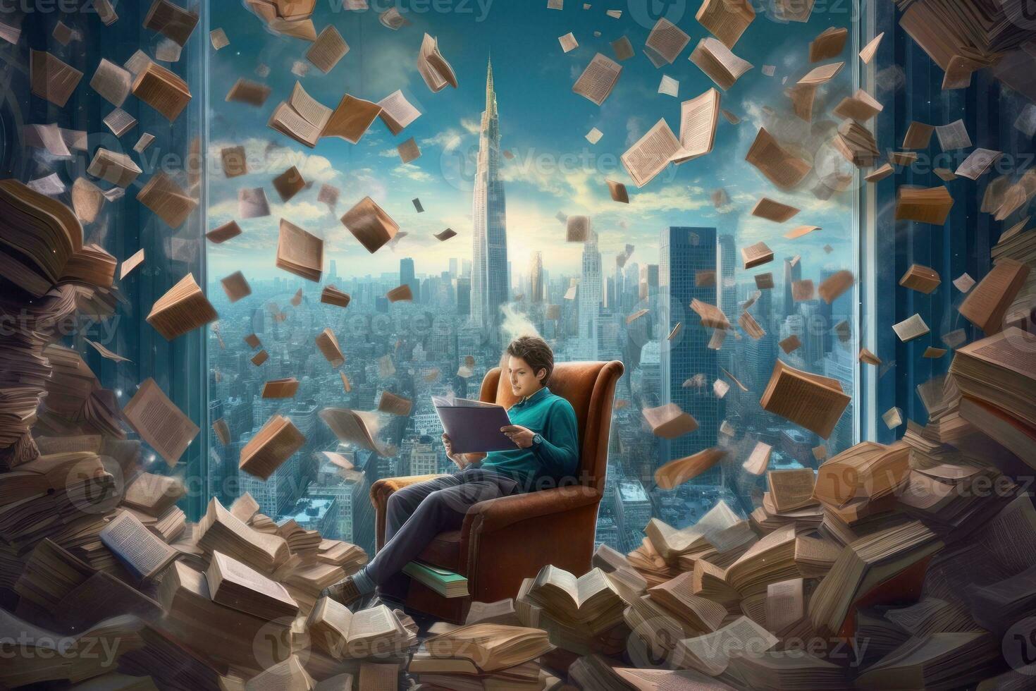 An image of a writer sitting in a chair, surrounded by flying books that create a whirlwind around them, with city skyscrapers visible in the background. Generative AI photo