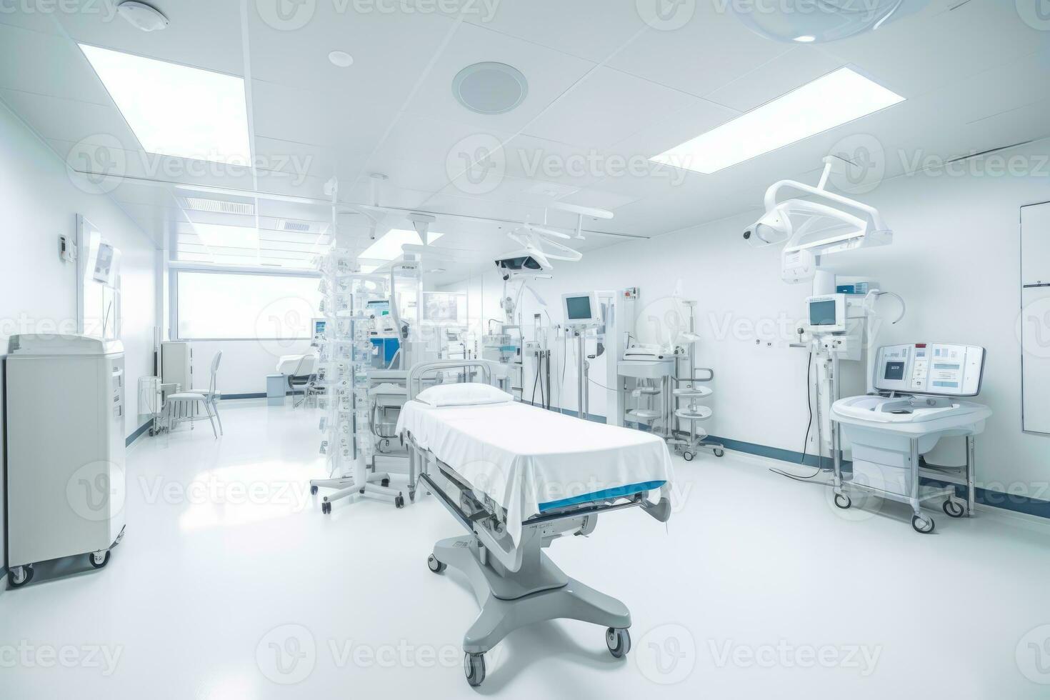 Clean and spacious hospital ward with modern equipment, representing a high-tech healthcare environment. Generative Ai photo