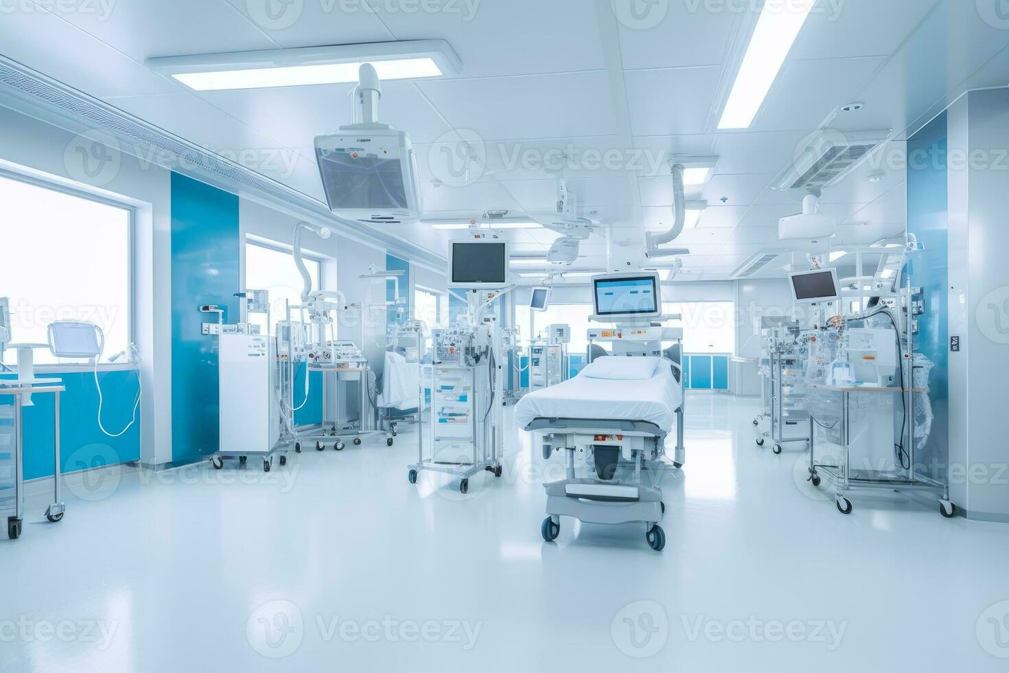 Clean and spacious hospital ward with modern equipment, representing a high-tech healthcare environment. Generative Ai photo
