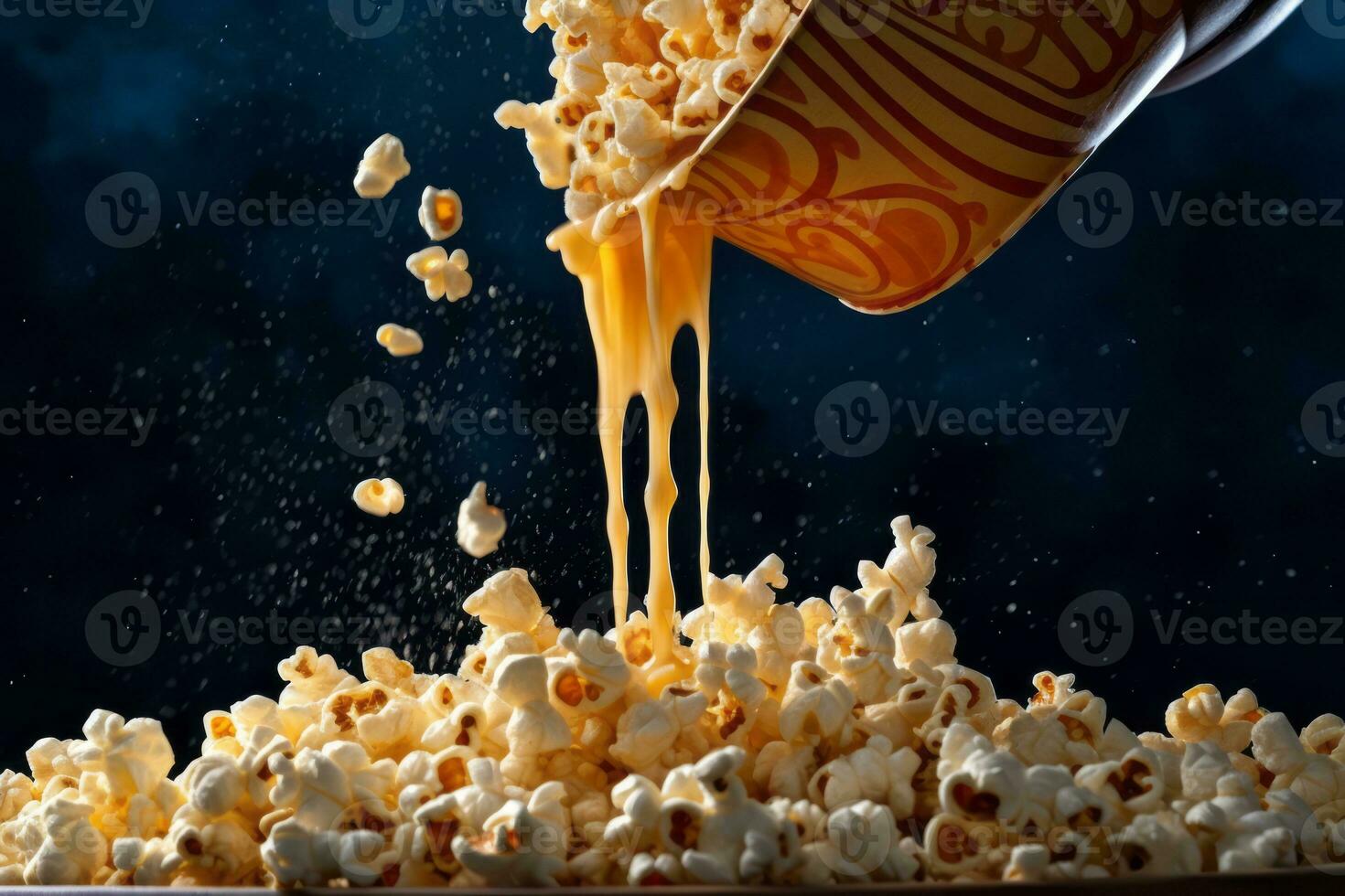 Popcorn bucket being poured with fresh popcorn, with the kernels falling into the container, creating a visually satisfying and mouth-watering moment. Generative AI photo