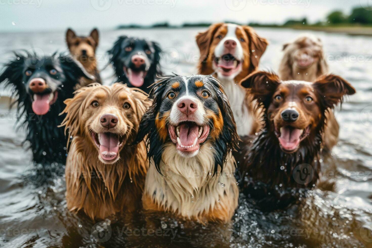 A group of wet and happy dogs with wagging tails after being washed, exuding joy and contentment. Generative AI photo