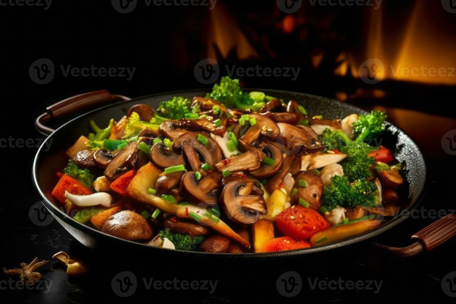 An image showcasing a sizzling stir-fry pan filled with vibrant shiitake mushrooms, colorful vegetables, and aromatic spices, representing the fusion of flavors in Asian cuisine. Generative Ai photo