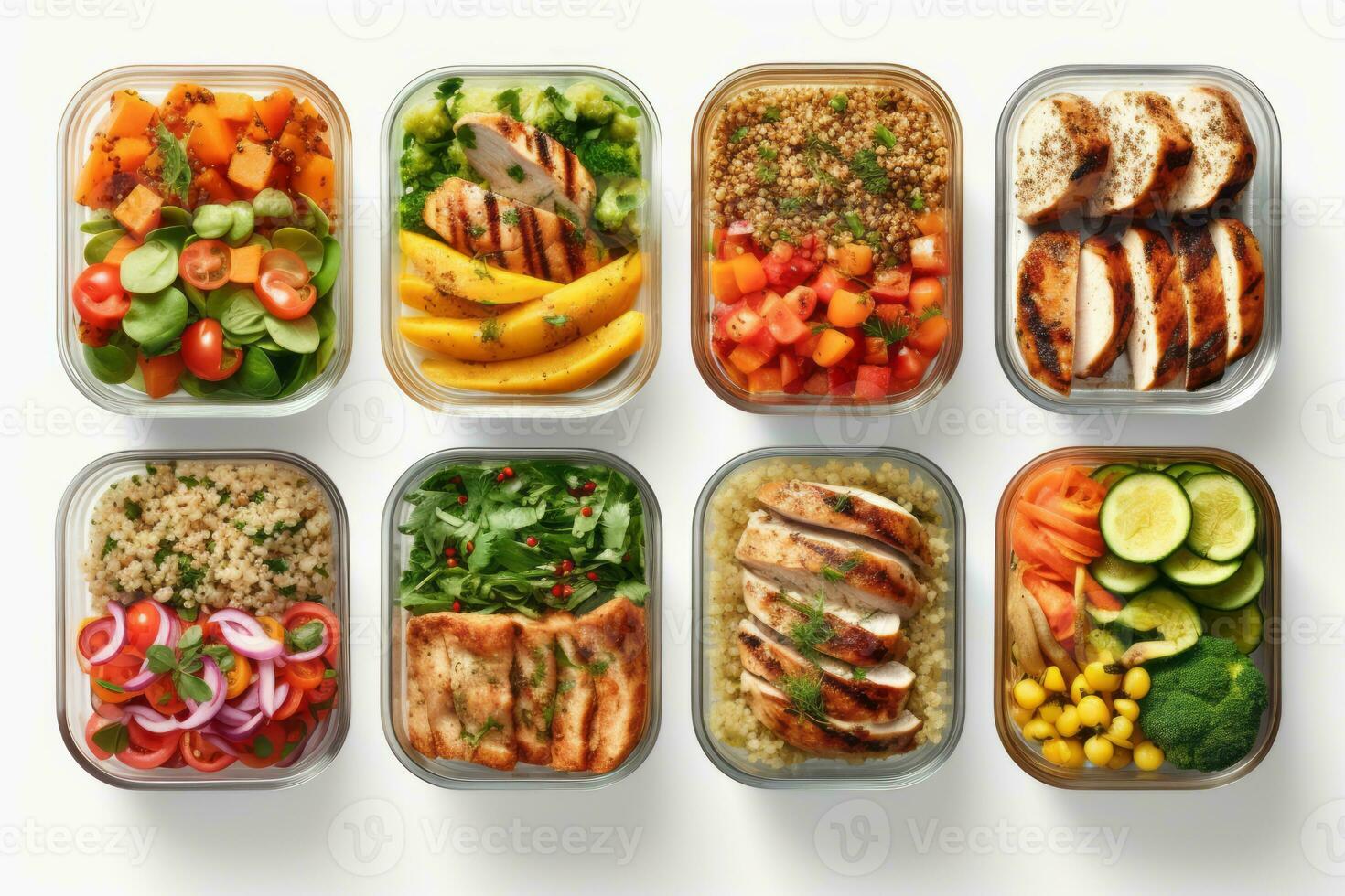 An image showcasing a series of colorful and nutritious meal preps, including salads, grilled chicken, quinoa, and vegetables, presented on a clean white background. Generative AI photo