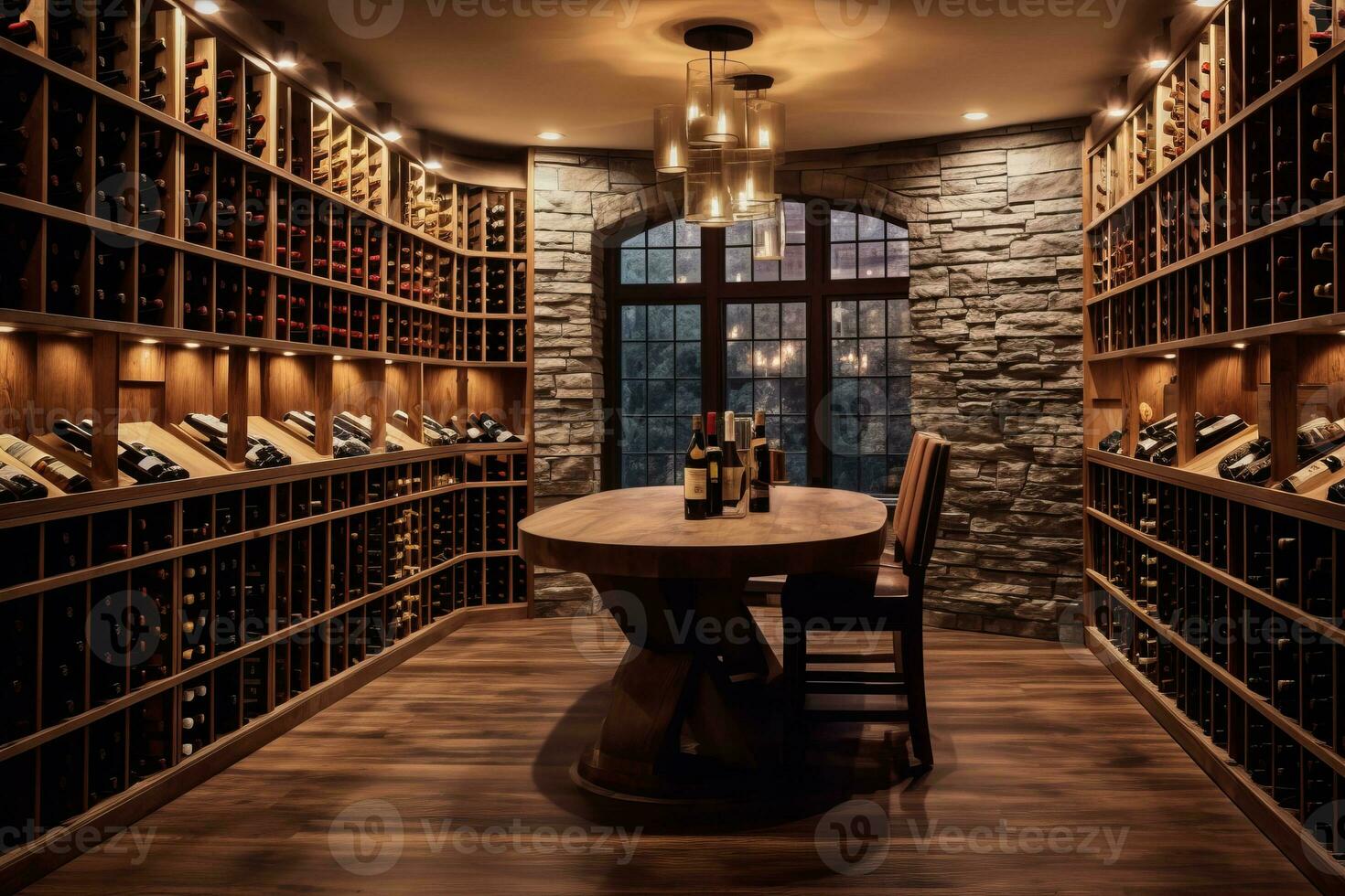 well-stocked wine cellar in a luxury home, with rows of wine bottles, tasting area, and elegant storage displays. Generative AI photo